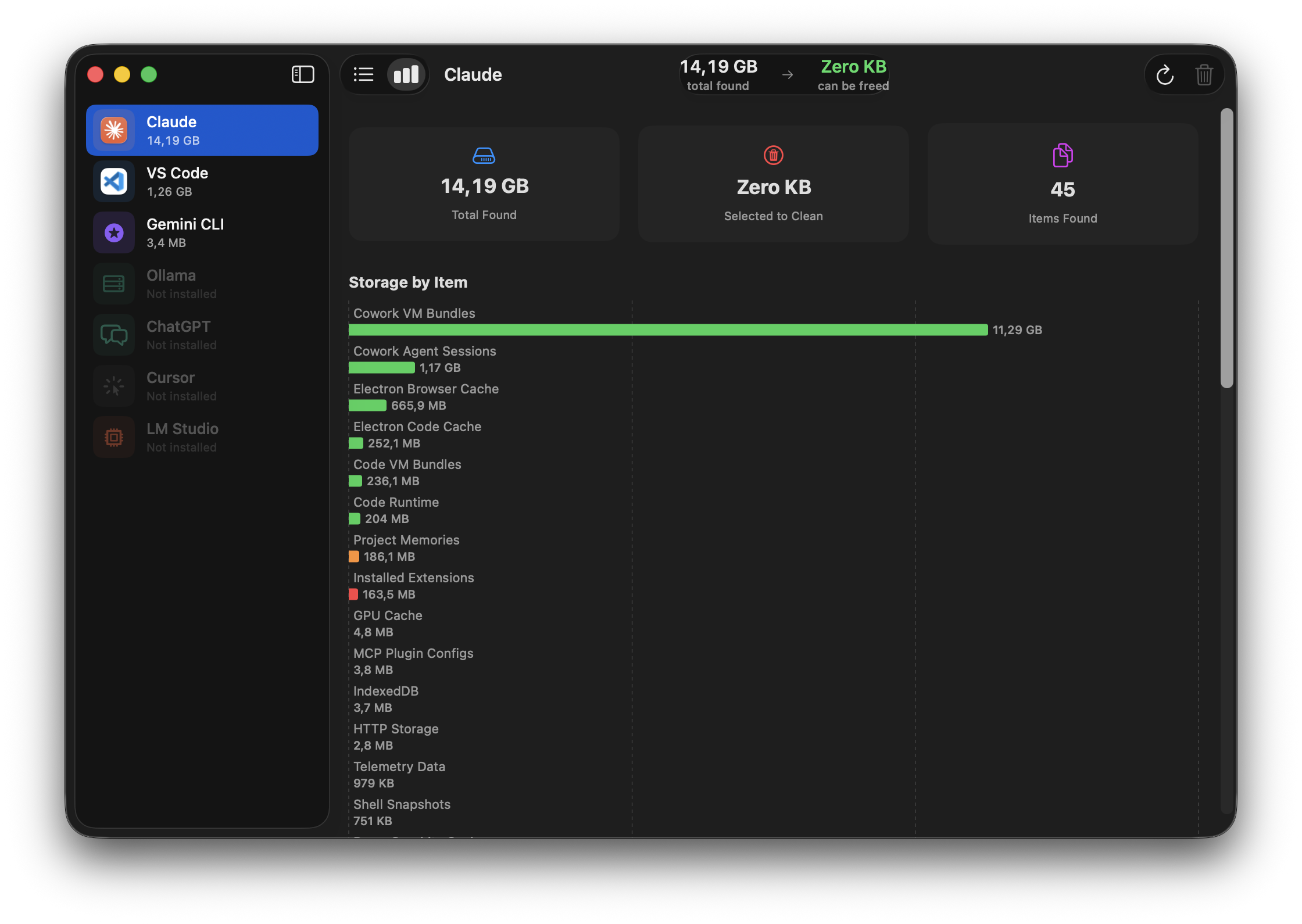 Aichive storage chart for Claude — horizontal bars showing each item's footprint