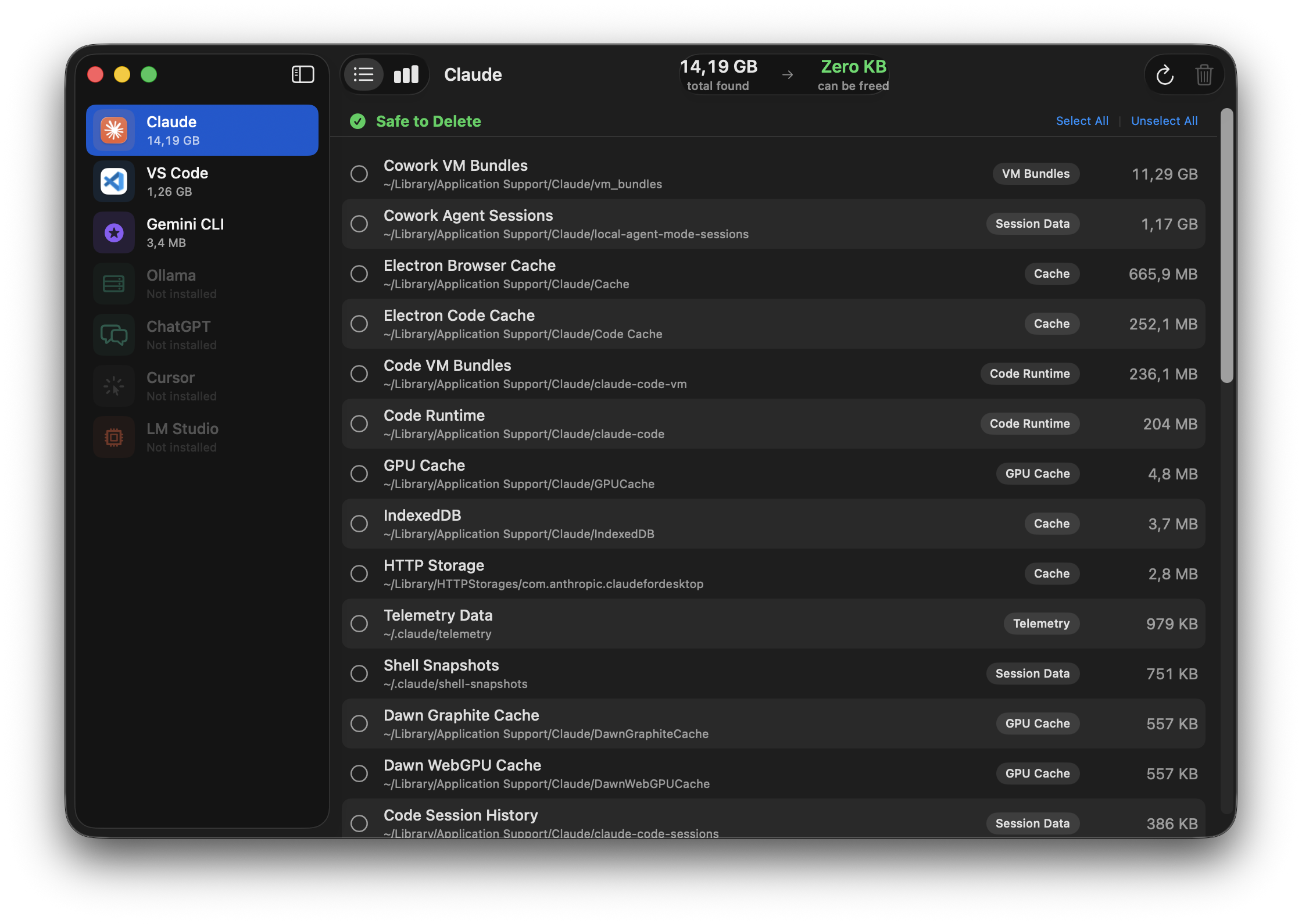 Aichive scanning Claude — list view showing 14.19 GB across 45 items