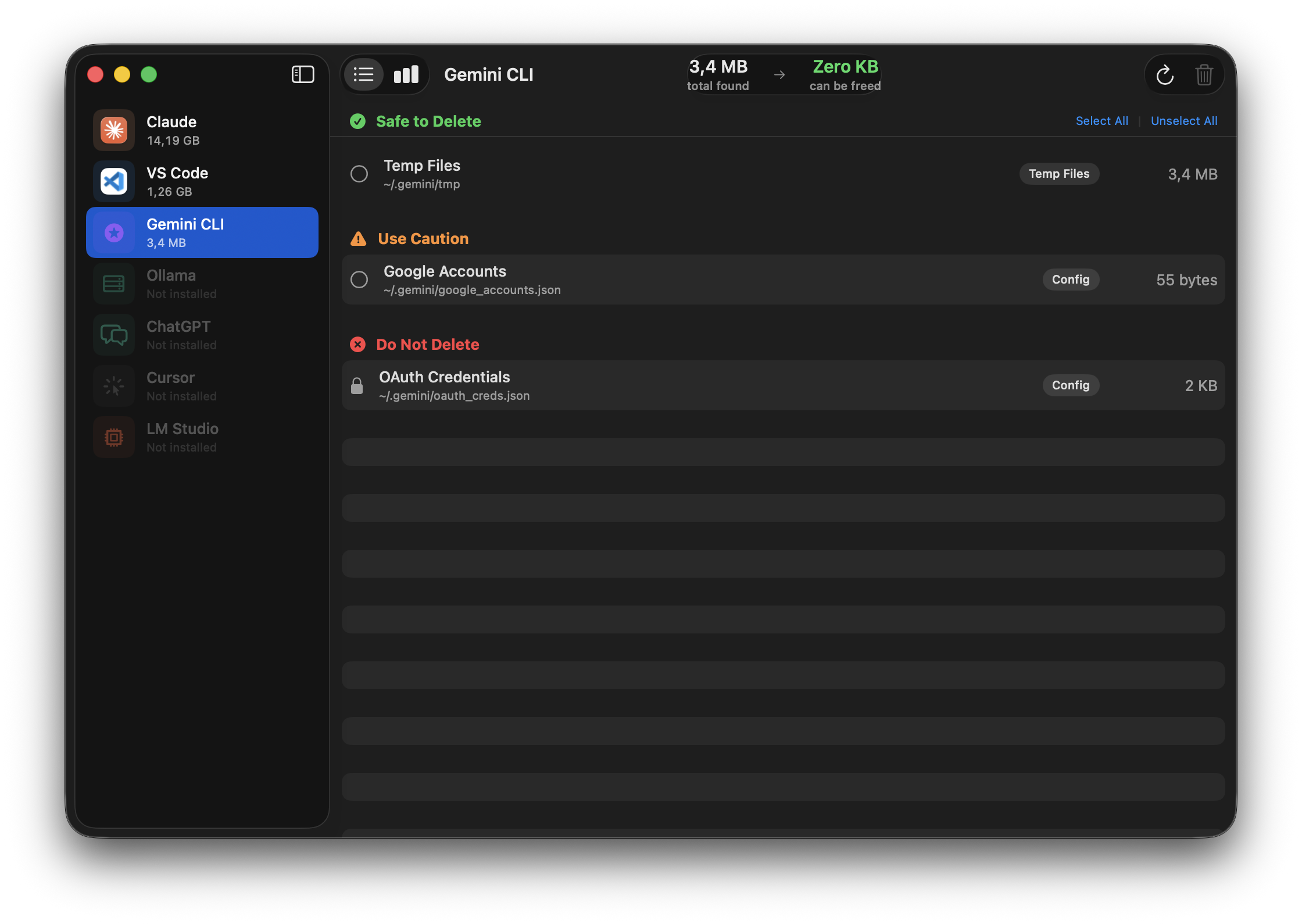 Aichive scanning Gemini CLI — showing safe temp files, caution-flagged accounts and locked OAuth credentials