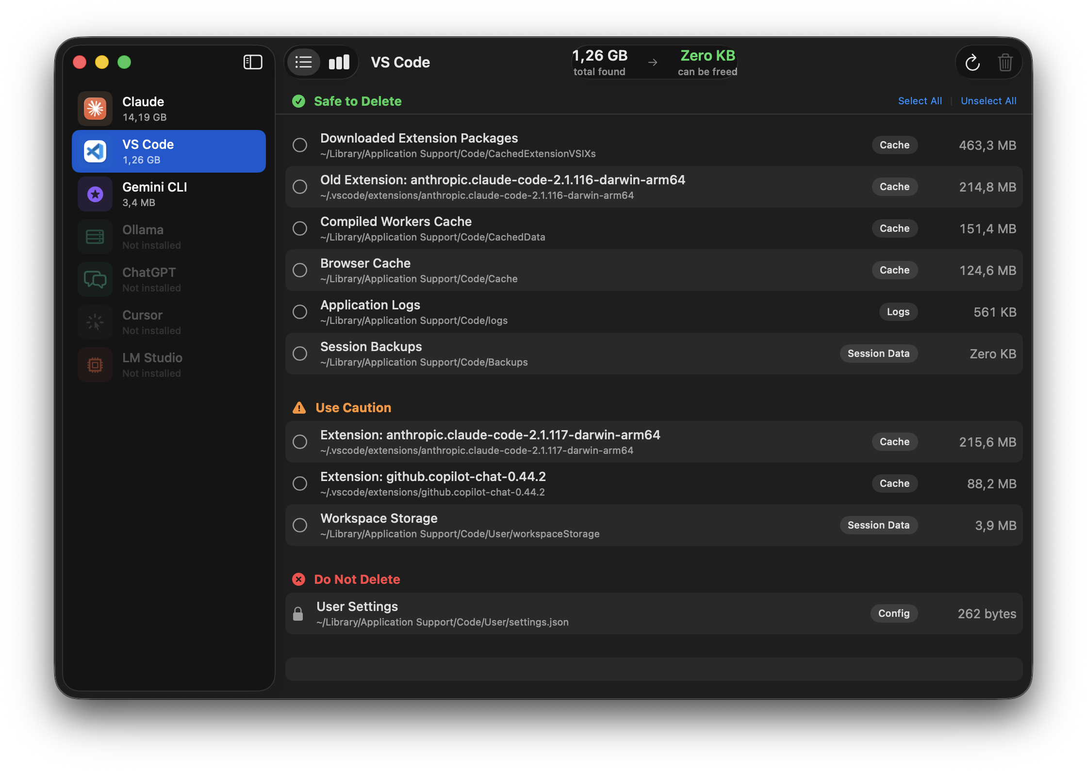 Aichive scanning VS Code — Safe, Use Caution and Do Not Delete sections with extension package sizes