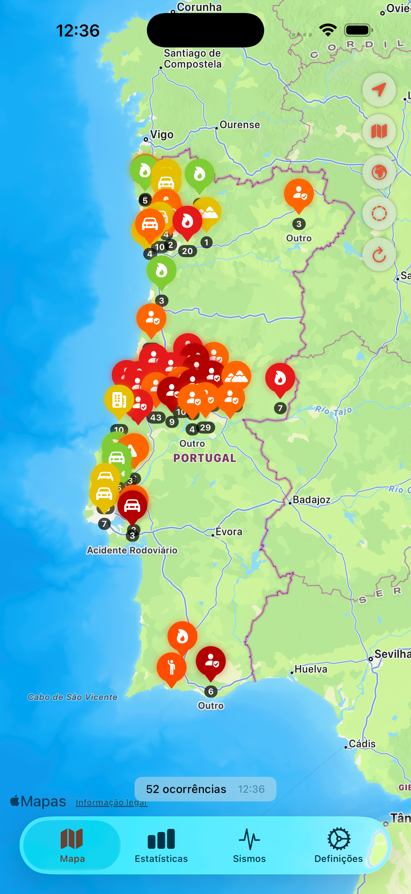 Mapa interativo com todas as ocorrências ativas em Portugal