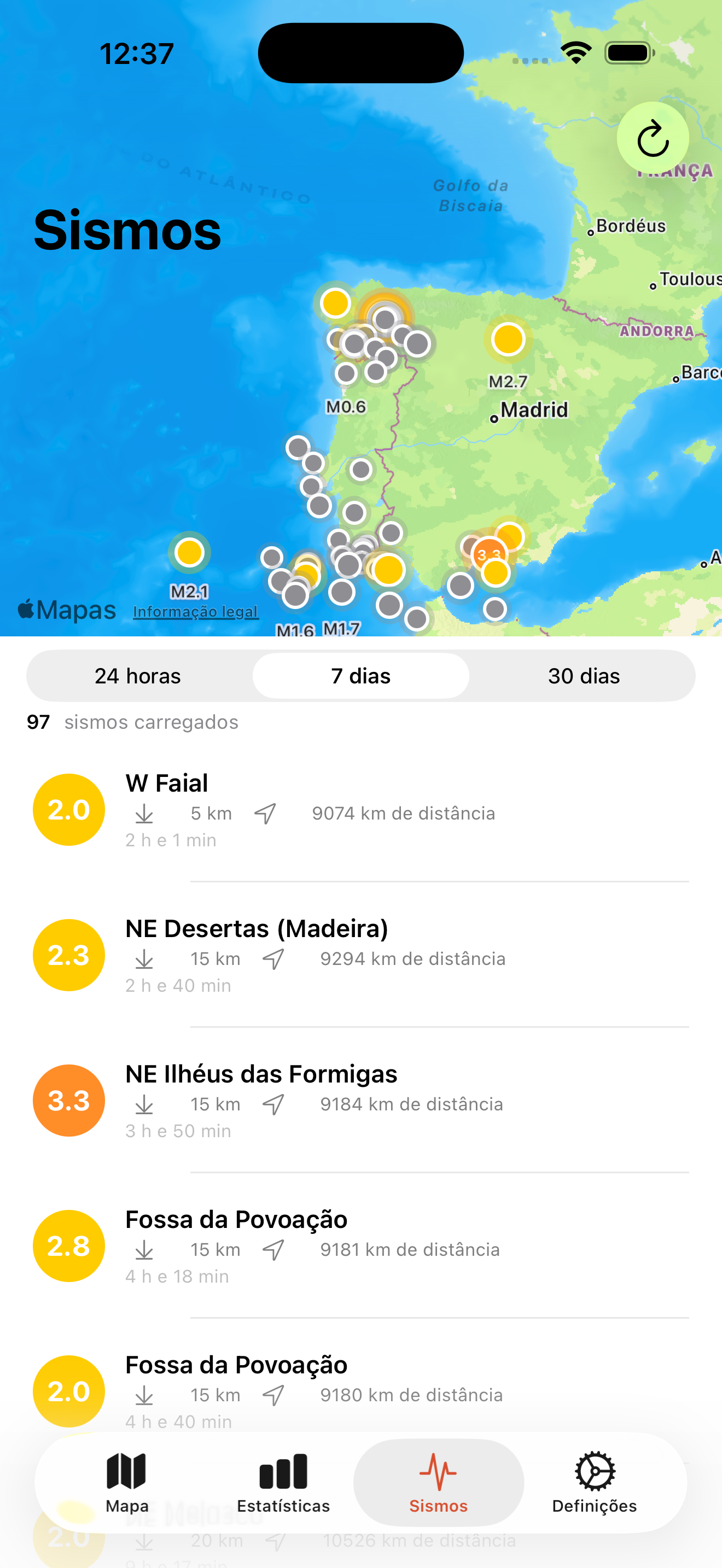 Sismos do IPMA com mapa e lista filtrada por período