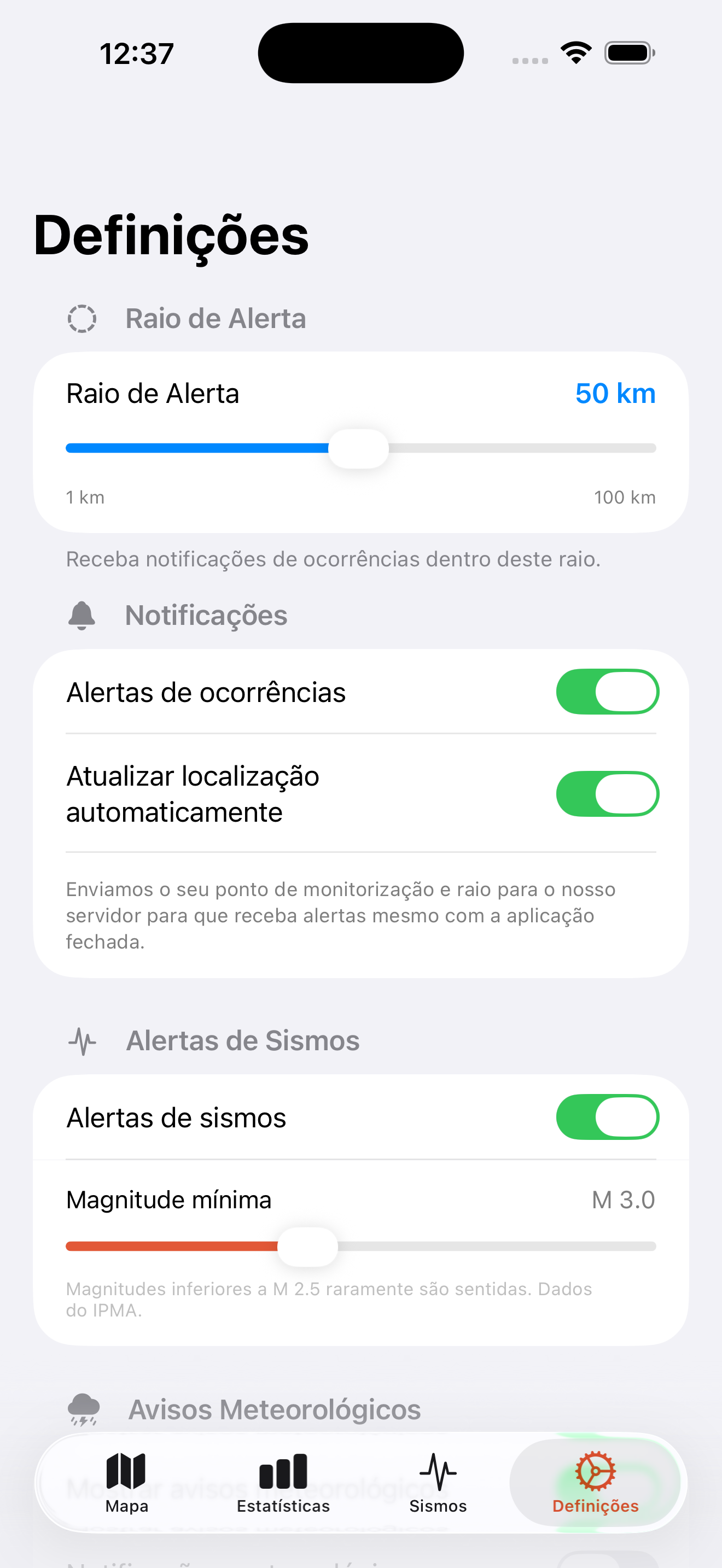 Definições com raio de alerta e magnitude mínima de sismos