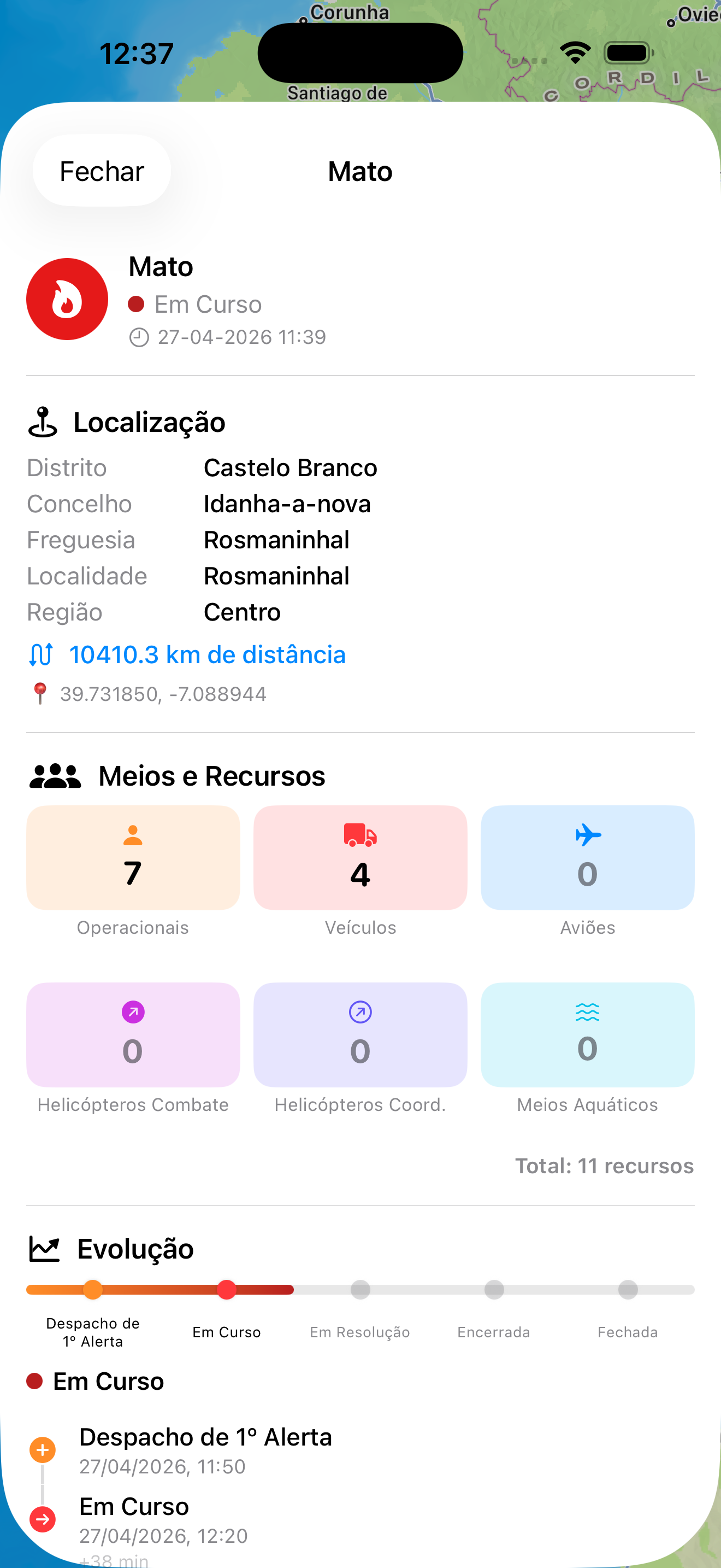 Detalhe de uma ocorrência com meios mobilizados e cronologia