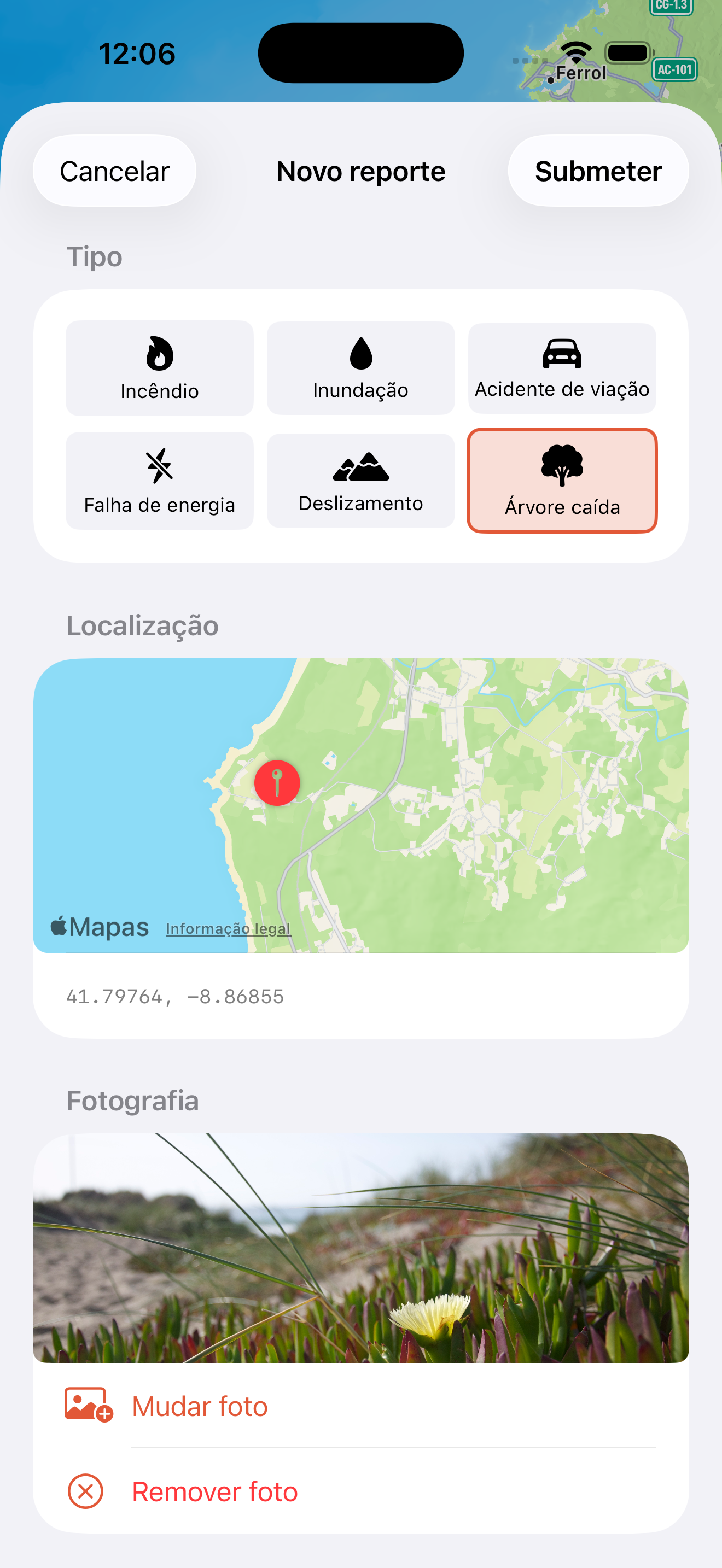 Ecrã para criar um novo reporte com tipo de incidente, localização e fotografia