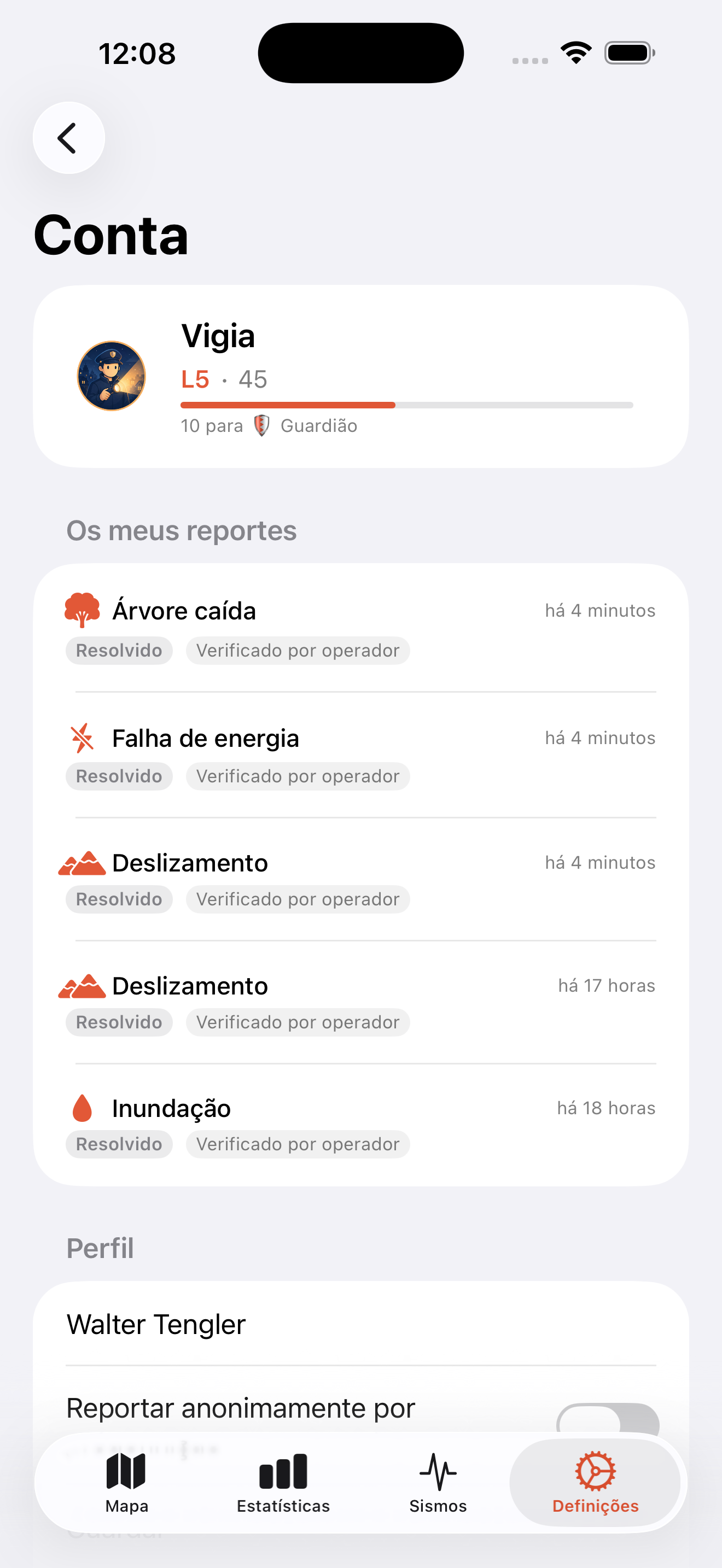 Ecrã da conta com nível de reputação Vigia L5 e lista de reportes submetidos