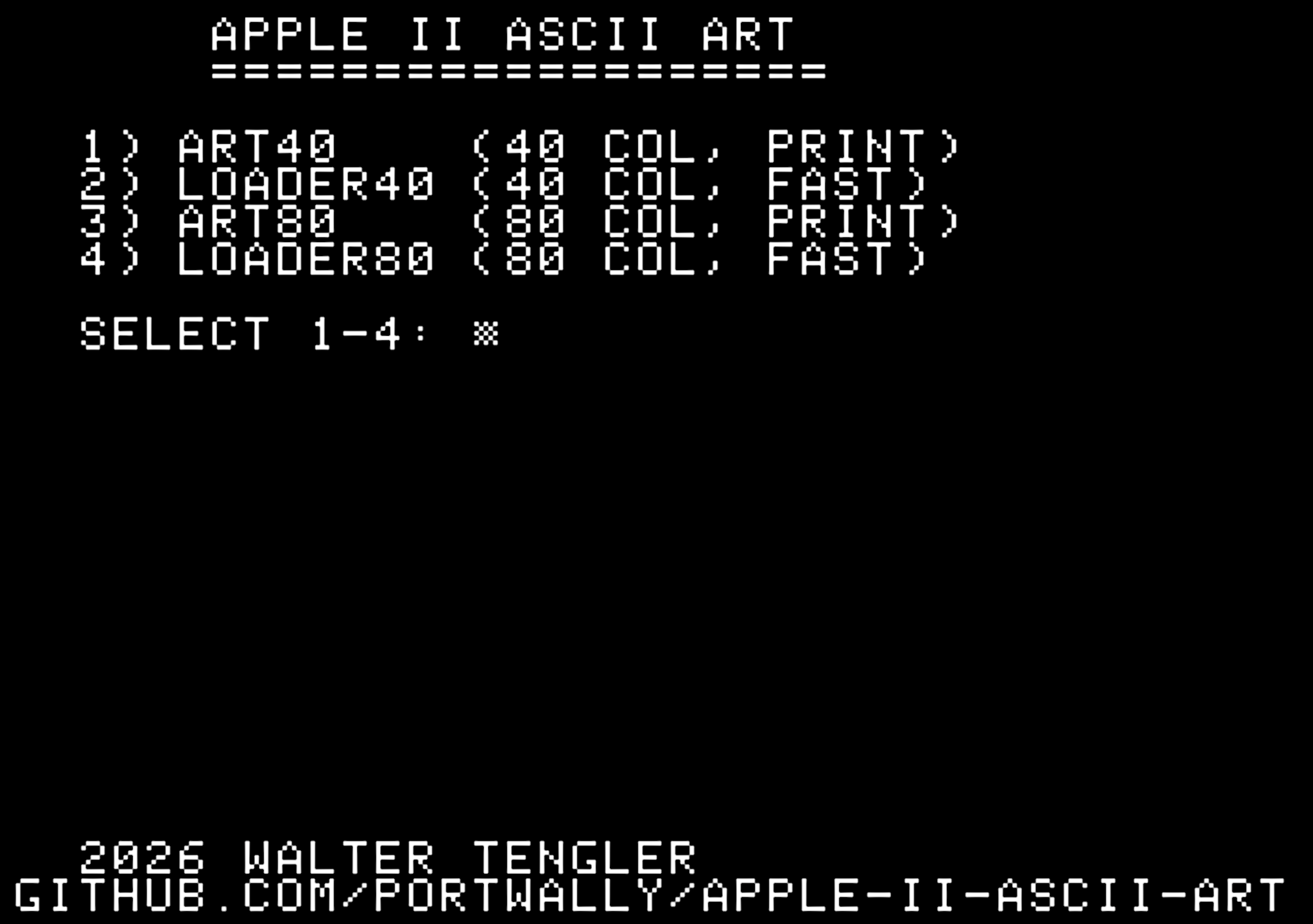STARTUP launcher menu running on a booted Apple II disk, showing ART40, LOADER40, ART80, LOADER80 options