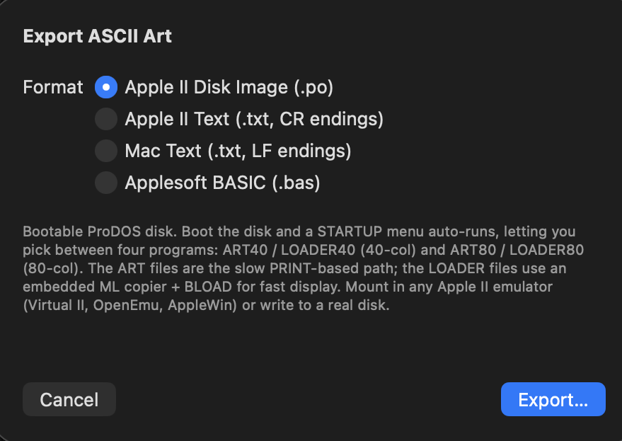 Export sheet showing Apple II Disk Image, Apple II Text, Mac Text, and Applesoft BASIC options