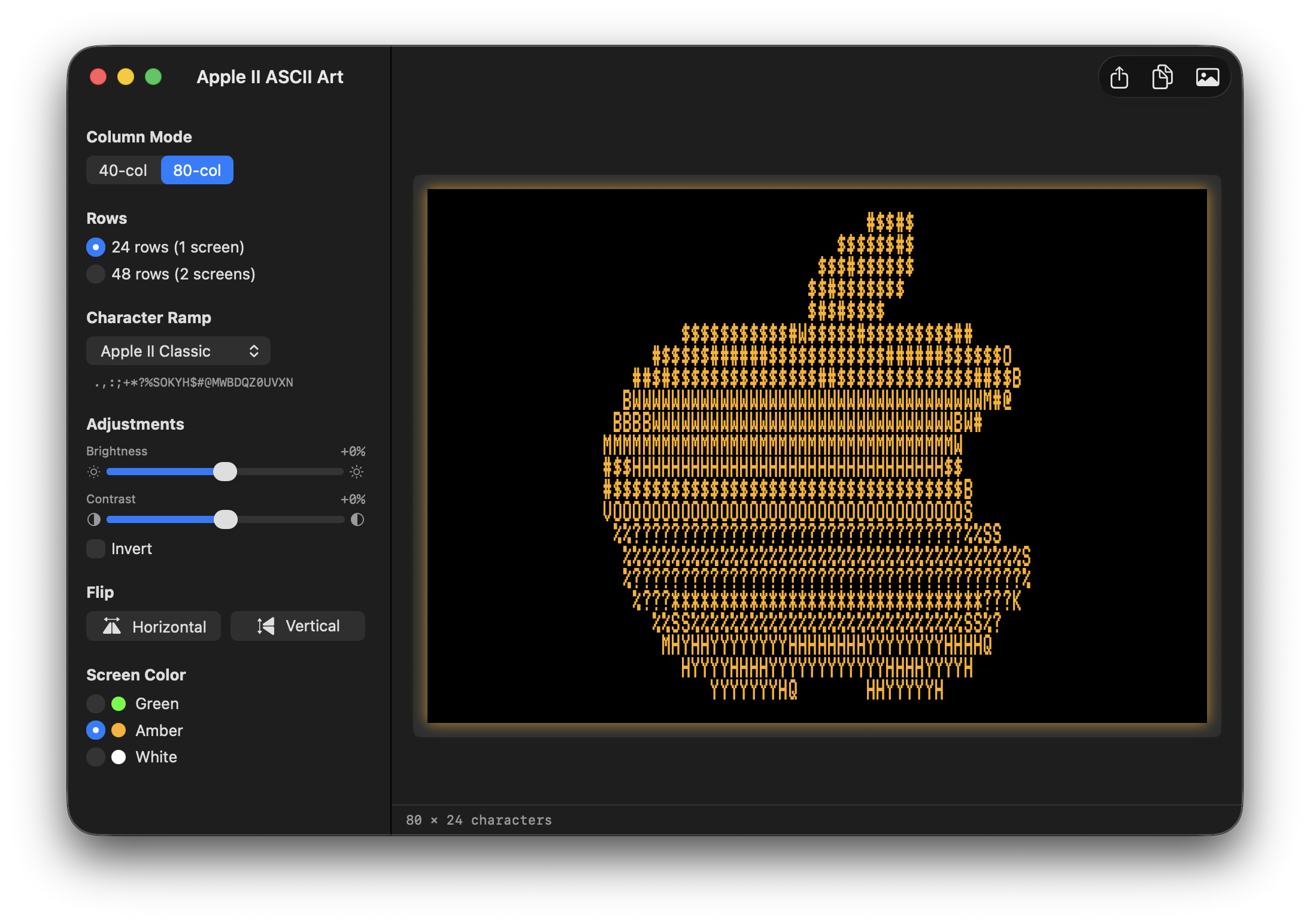 Apple II ASCII Art rendered in amber phosphor with Apple II Classic ramp