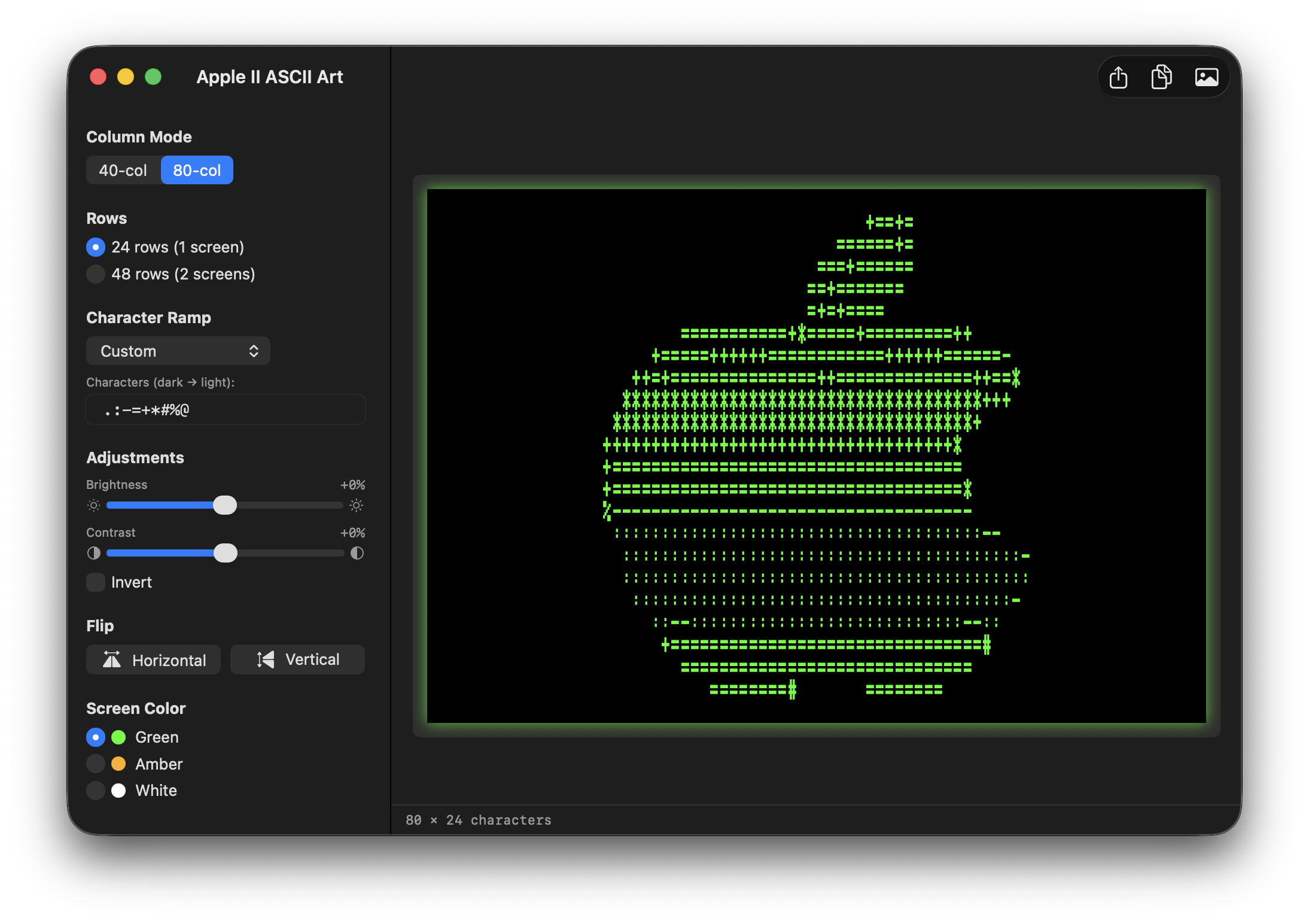 Apple II ASCII Art rendered in green phosphor with custom character ramp