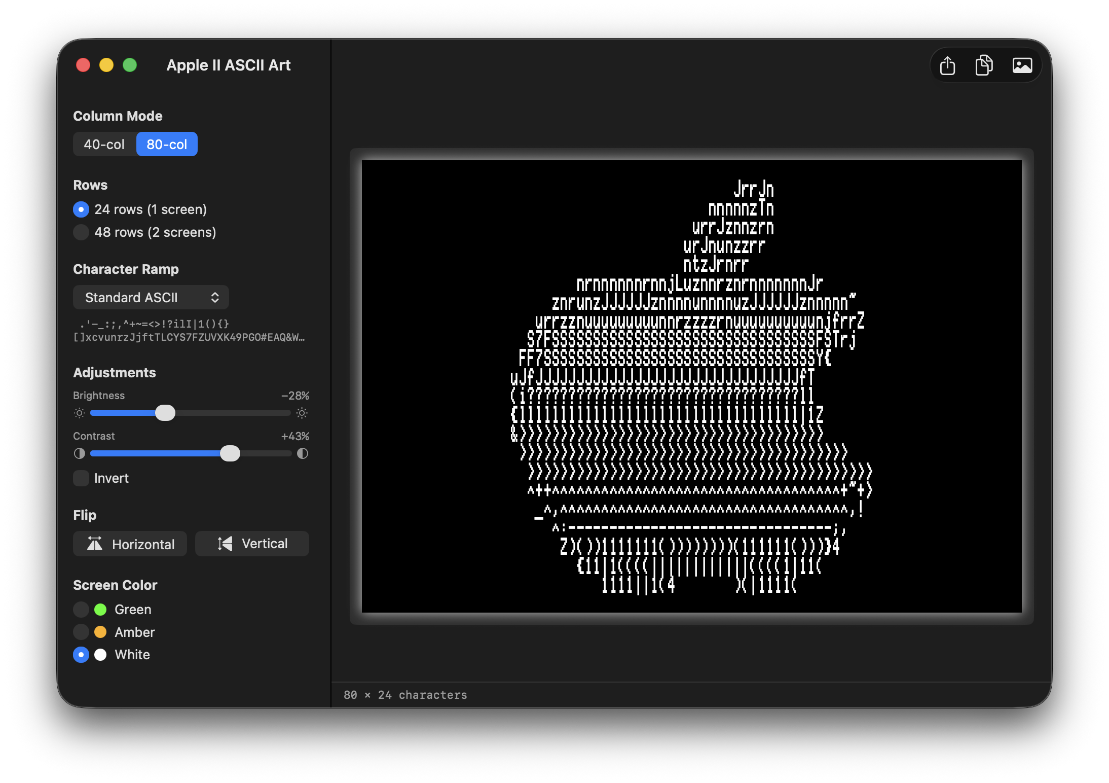 Apple II ASCII Art rendered in white with Standard ASCII ramp inverted