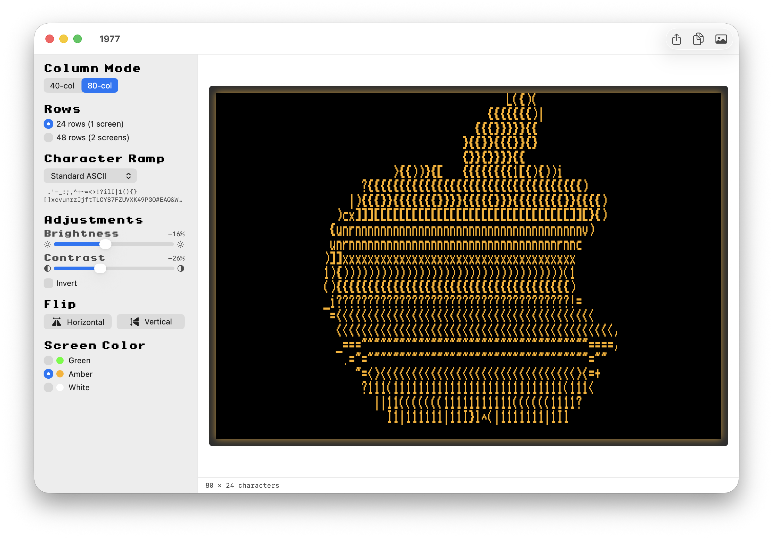 1977 app in Apple IIgs retro UI theme, amber phosphor, 80-column mode