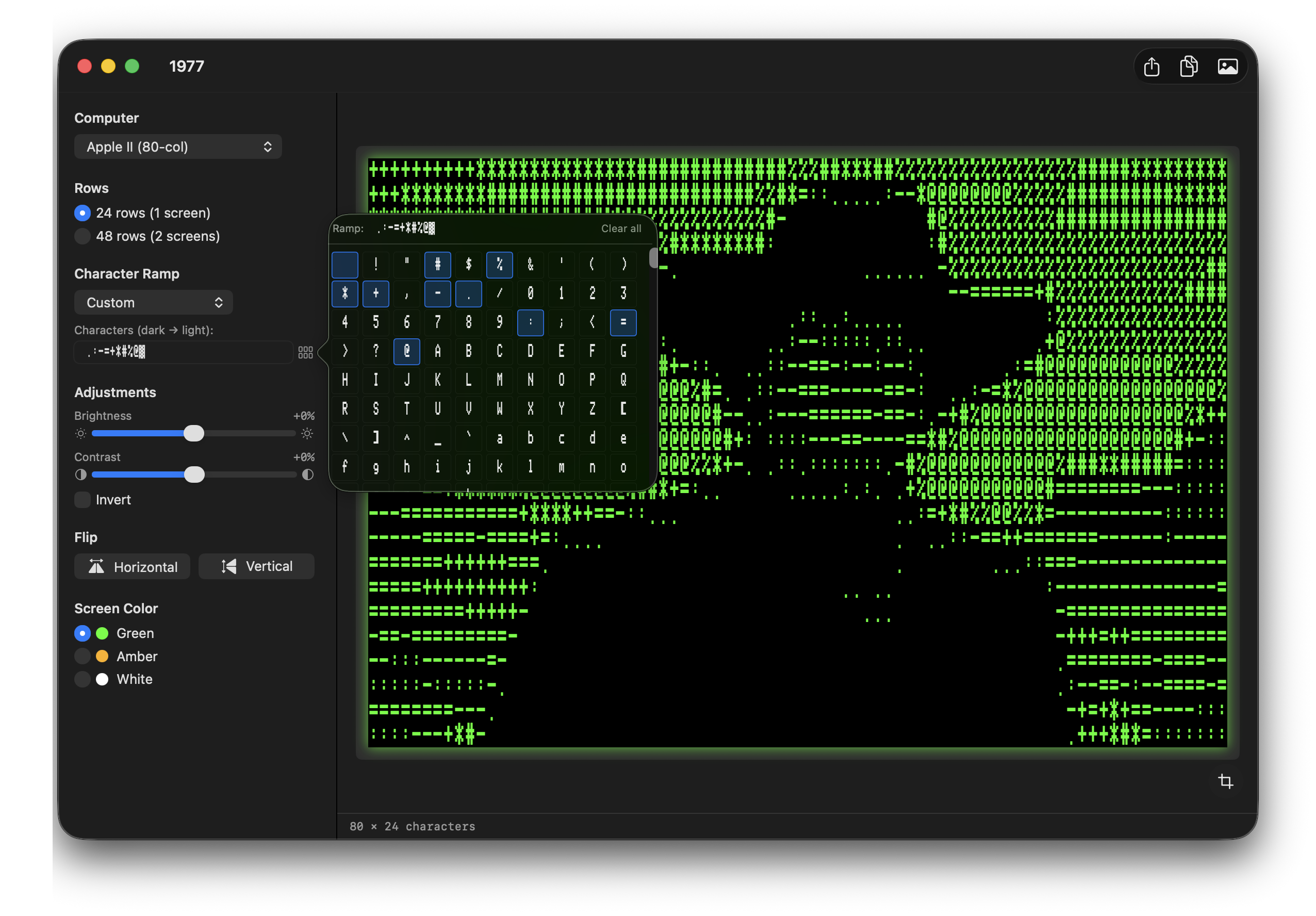 Apple II 80-col with the character picker popover open, showing every glyph in the font