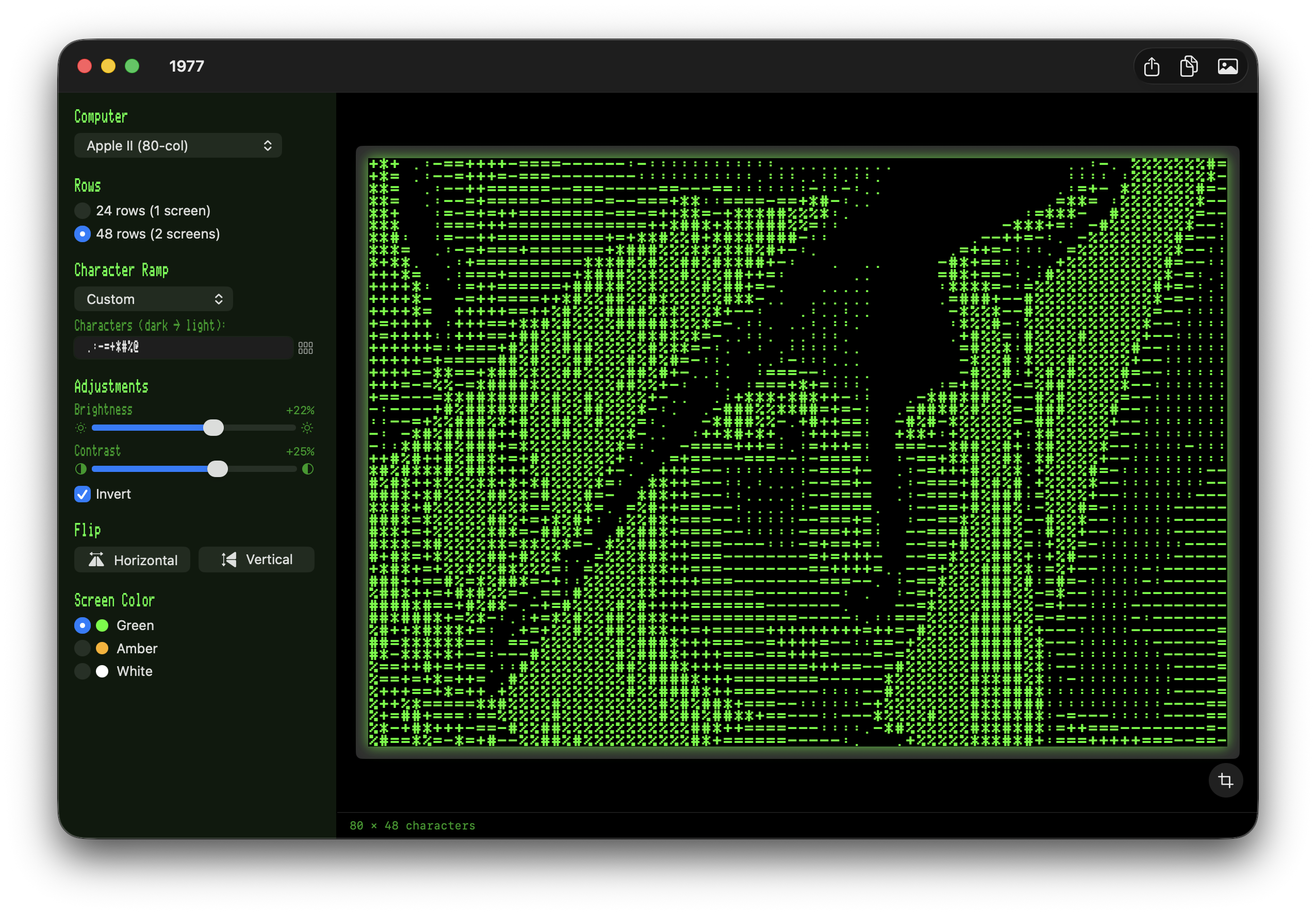 Apple II 80-column eagle in green phosphor at 48 rows