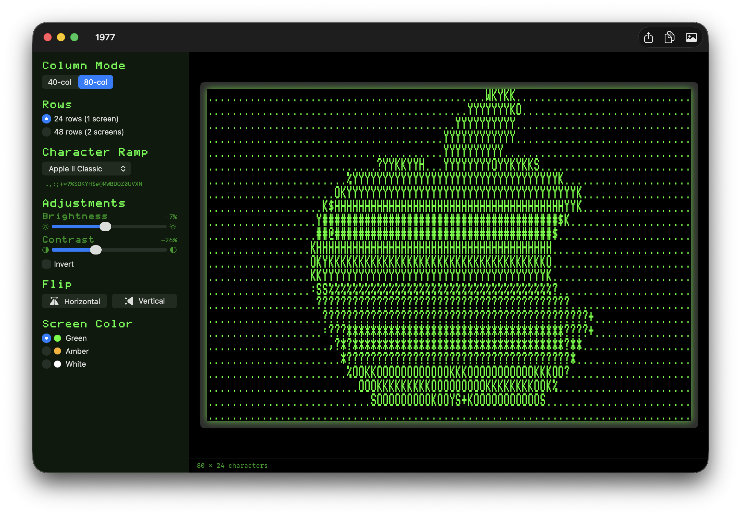 1977 app in Apple II retro UI theme, green phosphor, 80-column mode