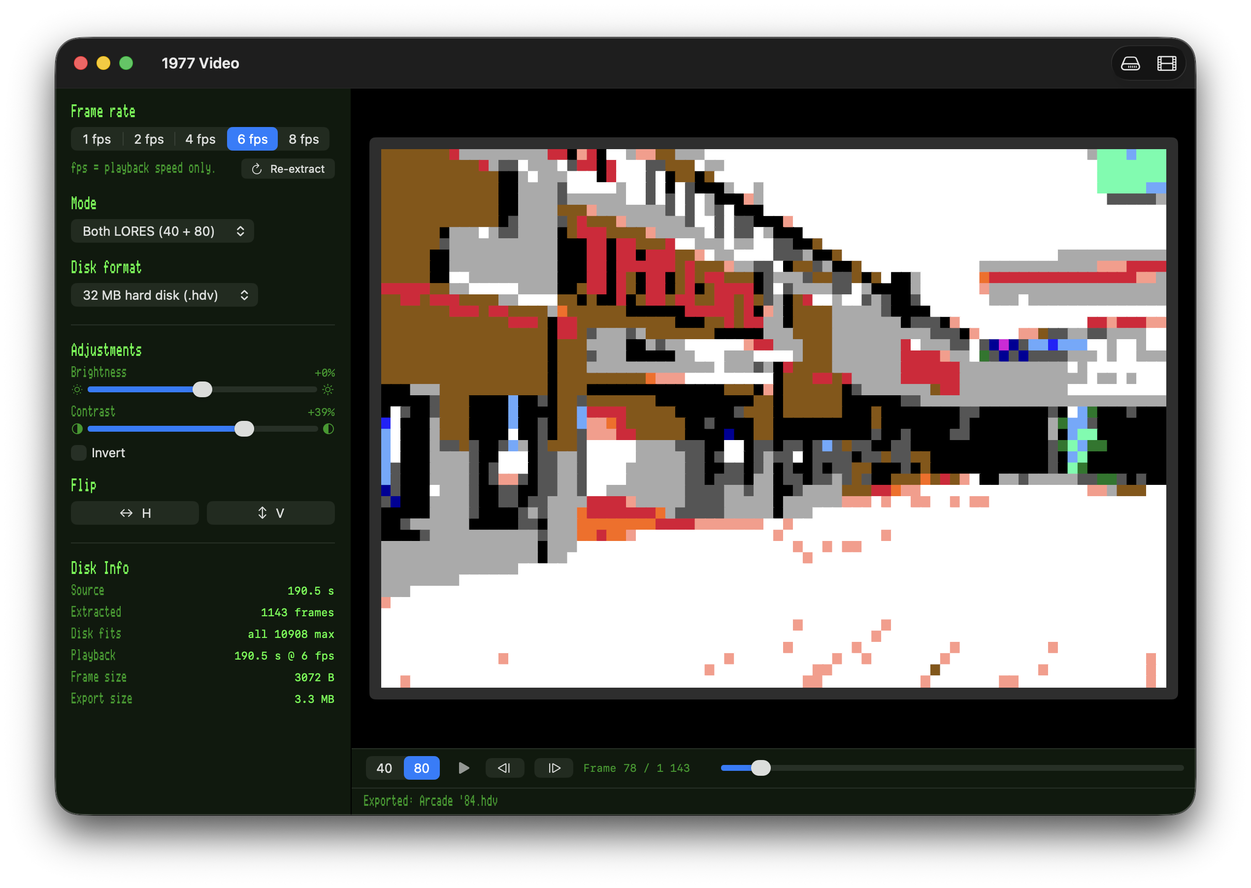 1977 Video converter window showing the Both LORES (40+80) mode with an arcade scene previewed in Double-LORES color