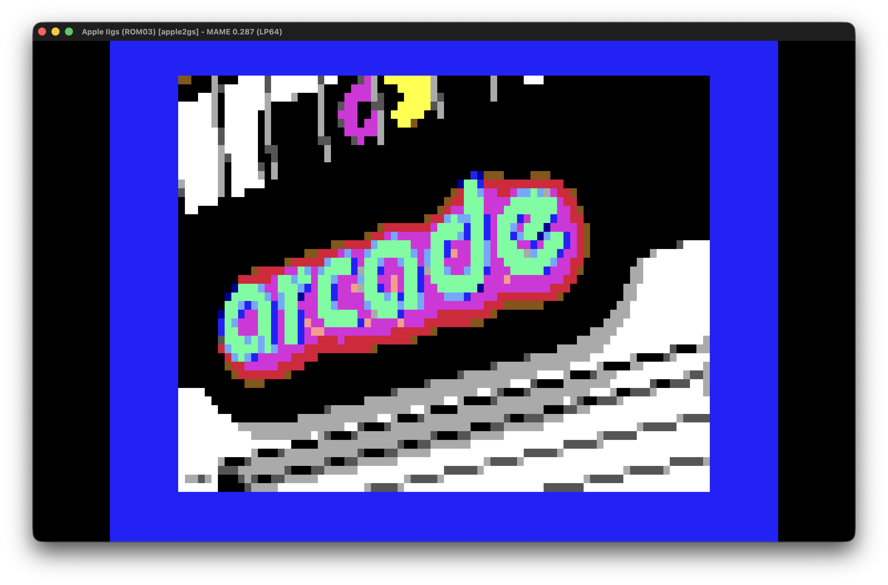 The exported video playing back on an Apple IIgs in MAME, showing the same arcade scene in Double-LORES color