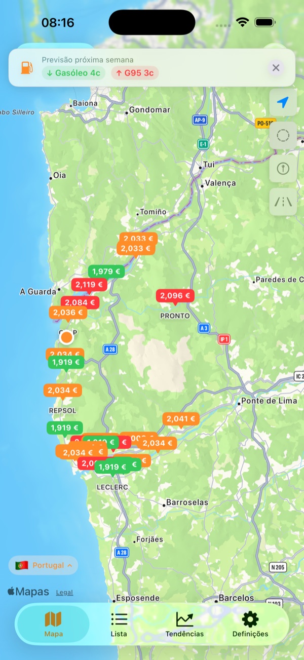 Mapa com preços por gasolineira