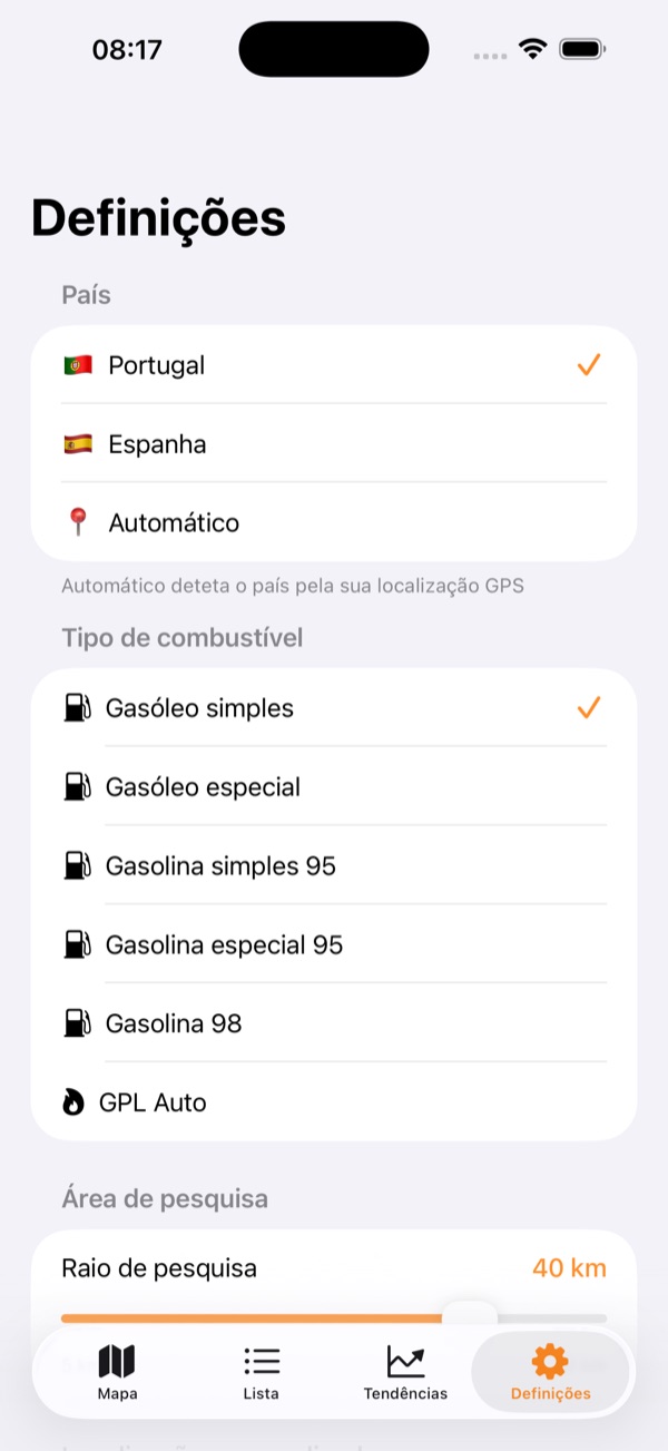 Definições da app