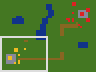 The radar: Green Valley, our base in gold in the south-west, the enemy's in red in the north-east