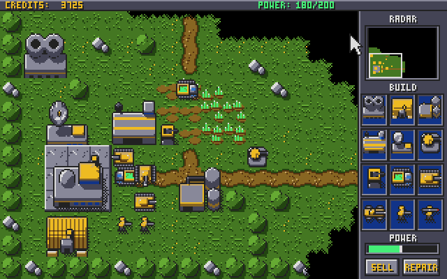 A built-up base with a power plant, radar center, barracks, refinery, guard tower and turret