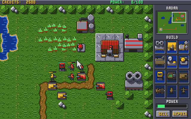 Gold tanks and soldiers fighting red units at the enemy base
