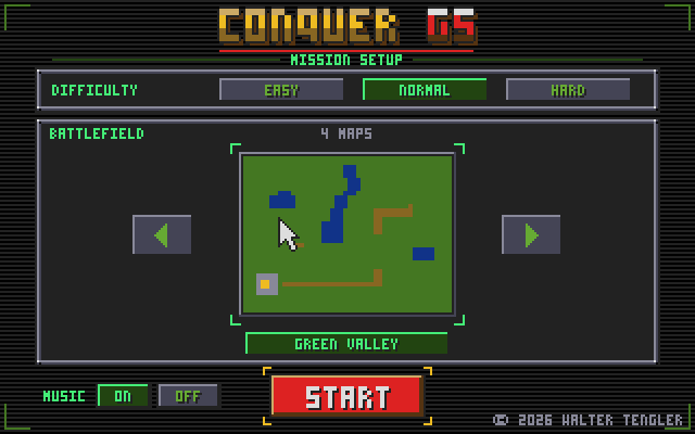 The mission setup screen: difficulty, a map preview with arrows to pick one of four maps, and music on or off