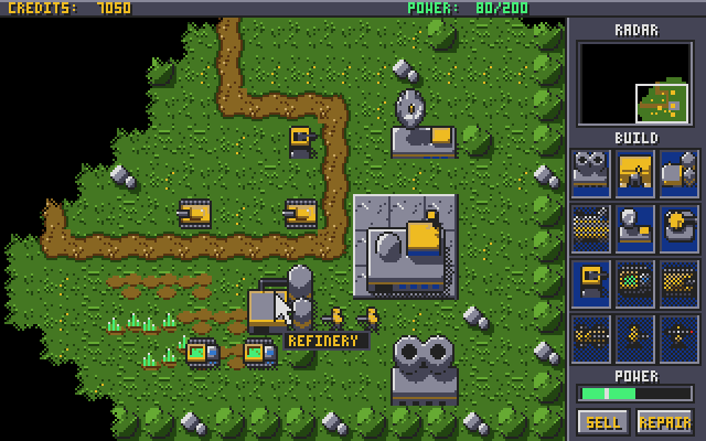 The River Crossing map with a refinery next to an ore field and harvesters at work