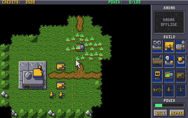 The start of a game: the command center, a war factory, two tanks, a harvester and two soldiers