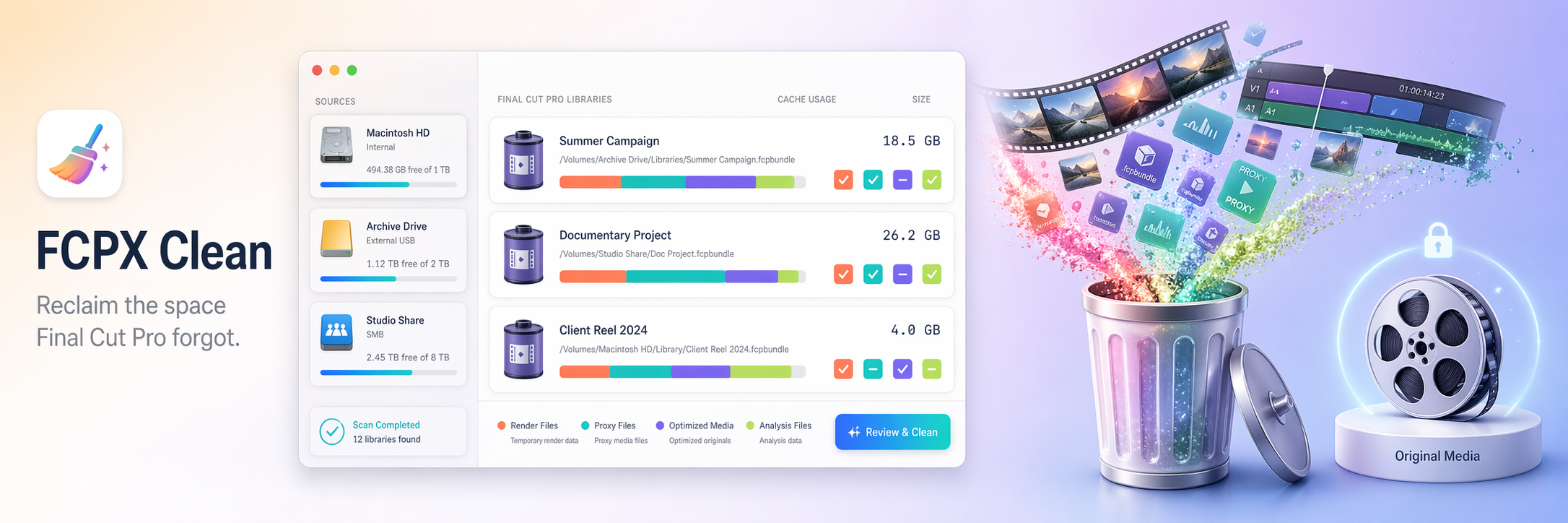 FCPX Clean — macOS app showing a Final Cut Pro library with reclaimable render files, proxies, optimized and cache media
