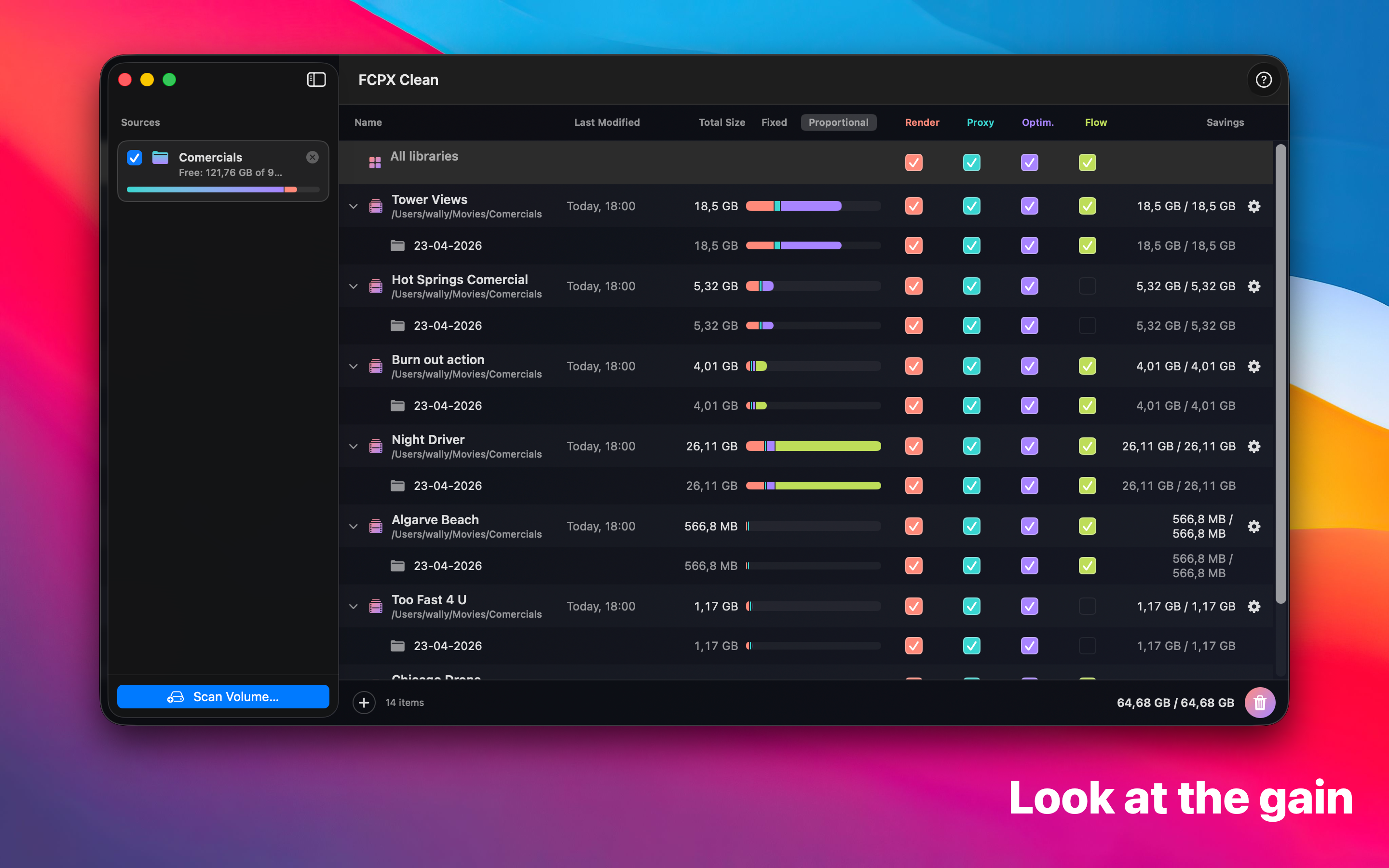 FCPX Clean main view with the sticky All libraries master row across the top and a total savings of 64.68 GB visible in the bottom toolbar