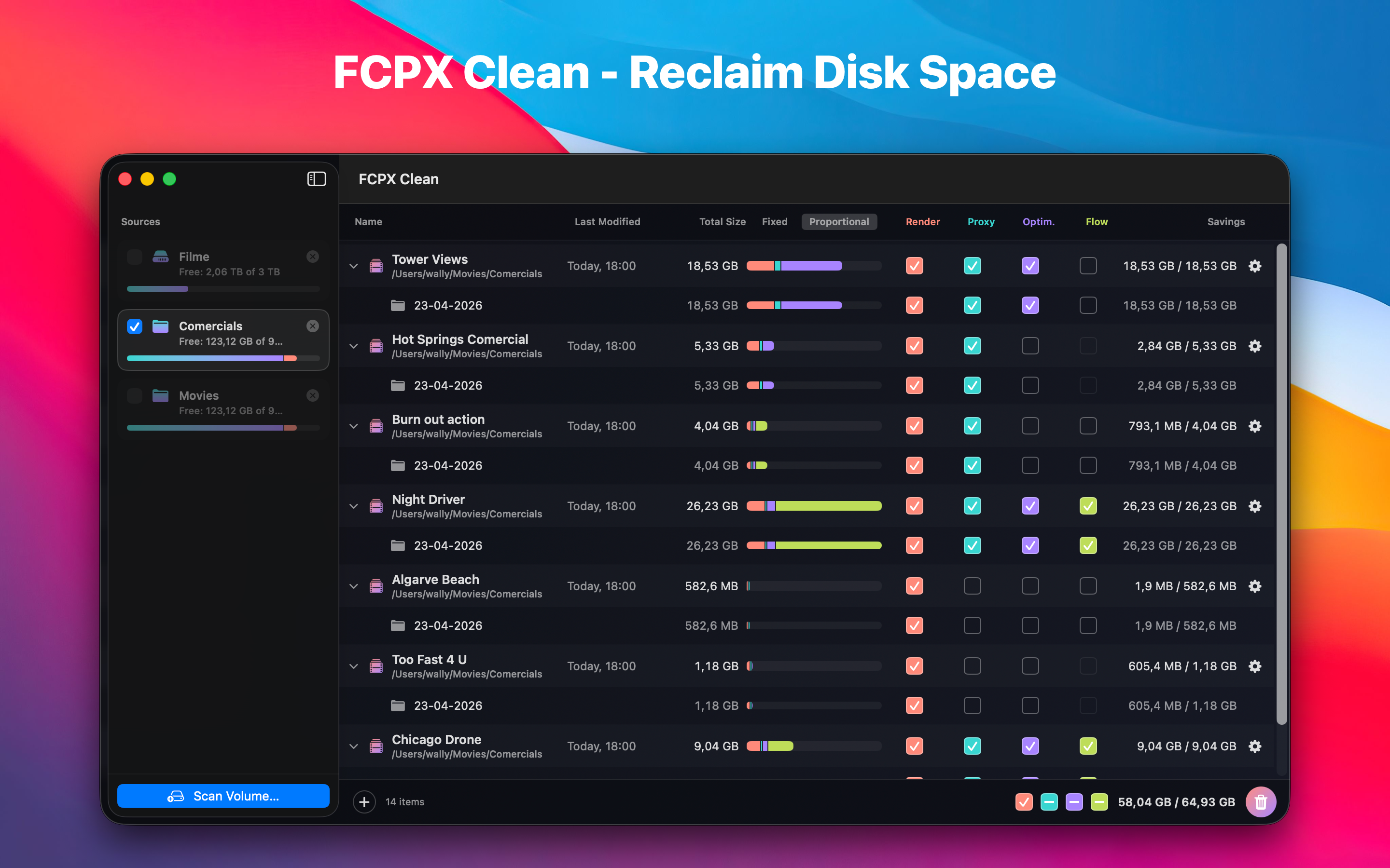 FCPX Clean main window showing a scanned Comercials folder with Final Cut Pro libraries, colored proportional bars per library, and tri-state checkboxes for Render, Proxy, Optim. and Flow categories