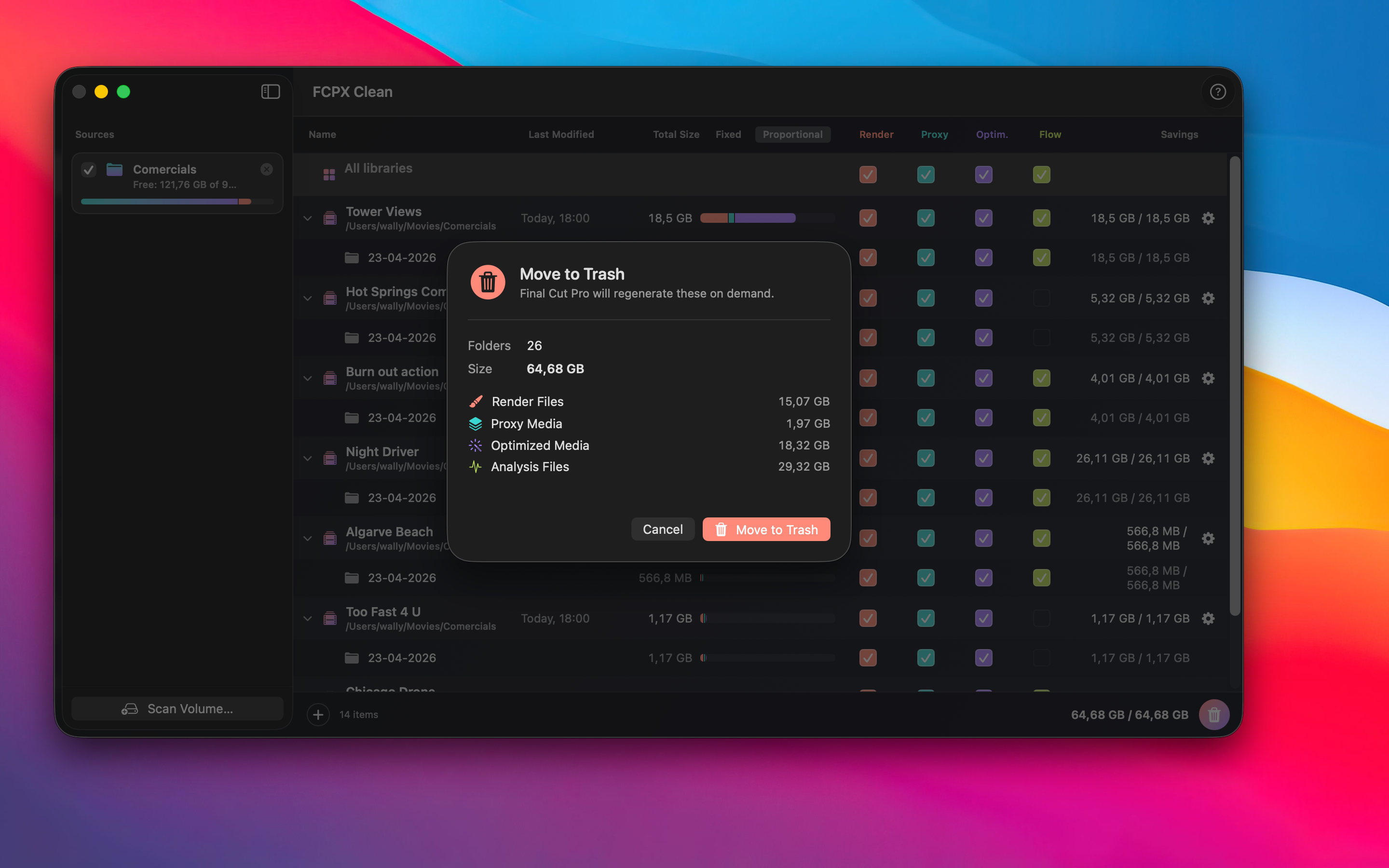 Confirmation sheet showing 26 folders totalling 64.68 GB about to be moved to Trash, broken down by category: Render 15.07 GB, Proxy 1.97 GB, Optimized 18.32 GB, Analysis 29.32 GB