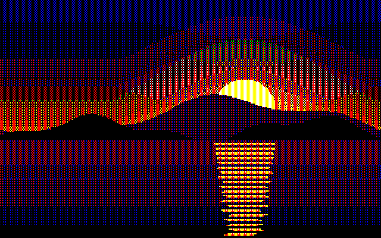 A sunset picture rendered in Apple IIgs 640 dither mode with the default palette