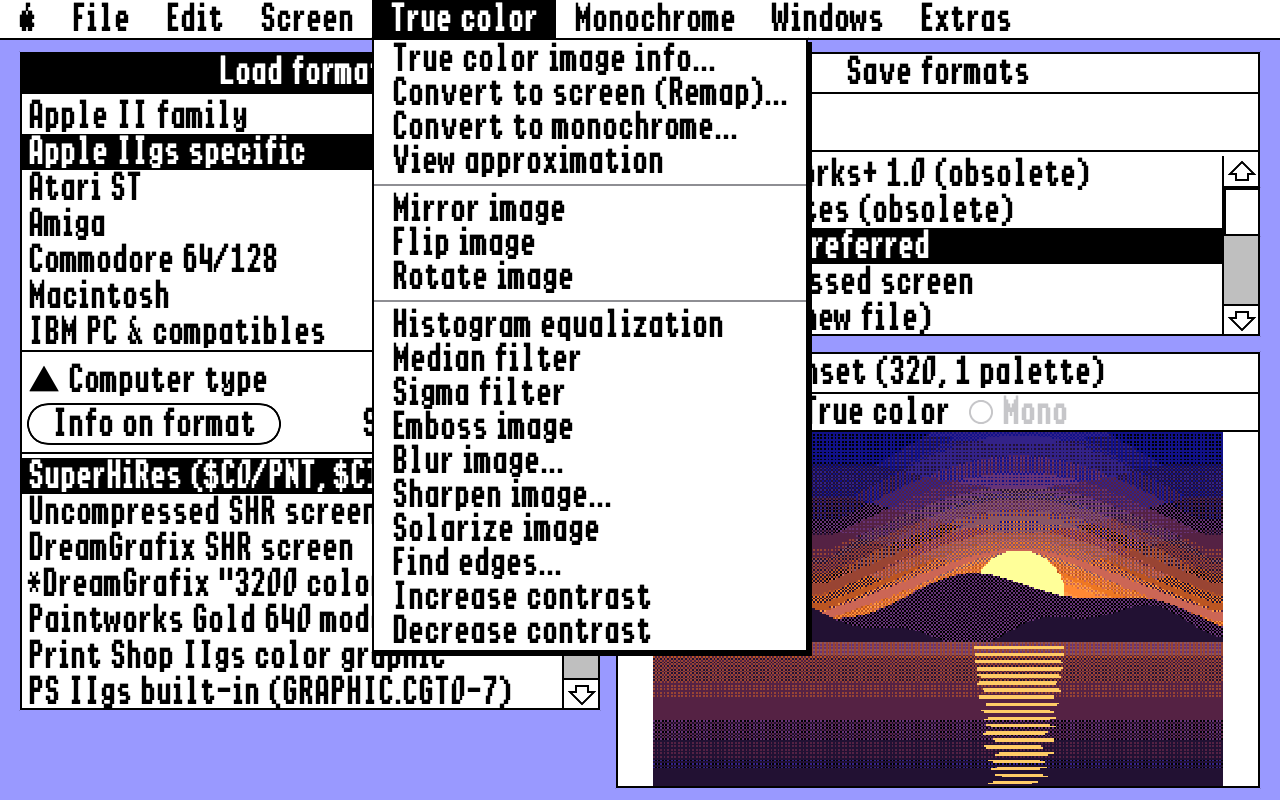 The True color menu listing the filters