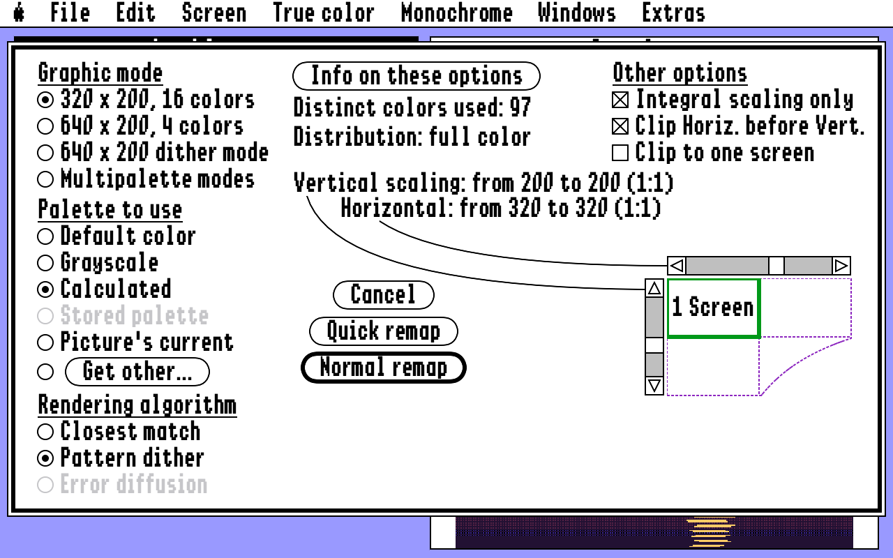 The Remap dialog with graphic mode, palette and rendering choices and a diagram of the picture size