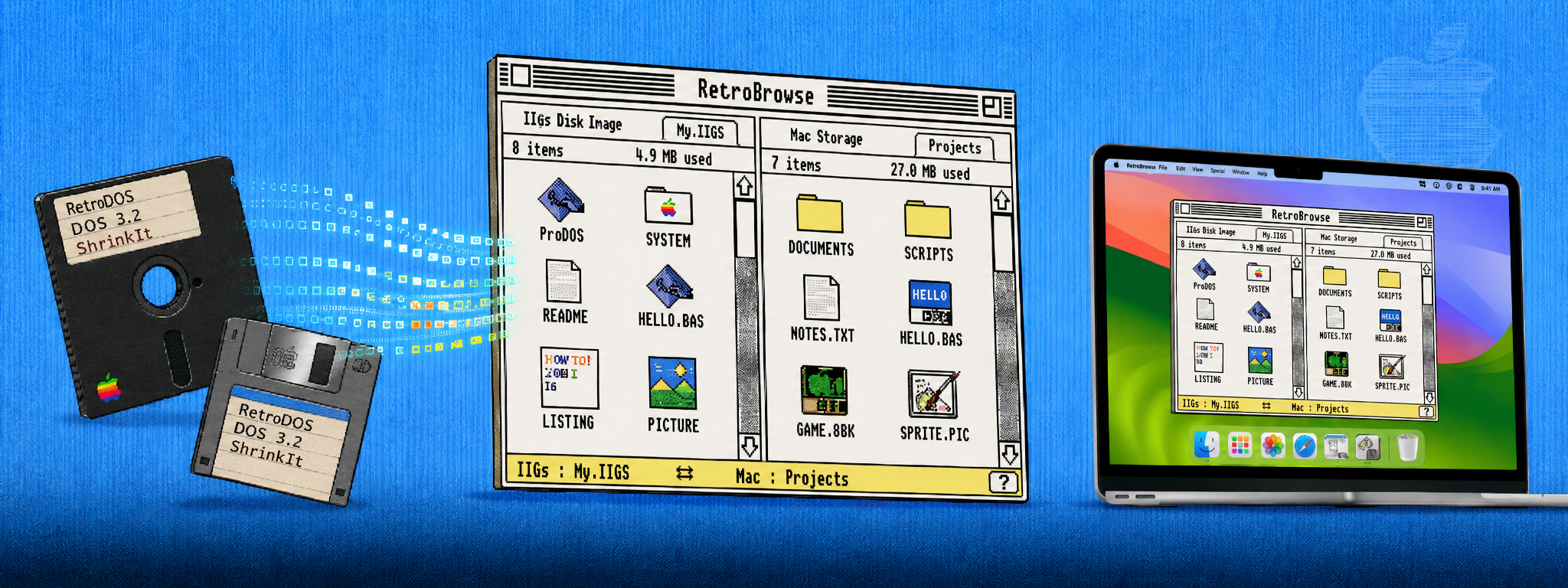 RetroBrowse: vintage Apple II floppy disks streaming files into a modern macOS window and Mac