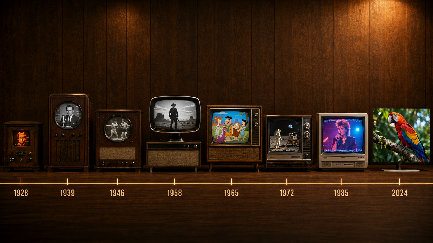 A timeline of six televisions, from the 1928 Baird Televisor to a 2024 OLED, each showing era-correct content on a warm wood-panelled wall
