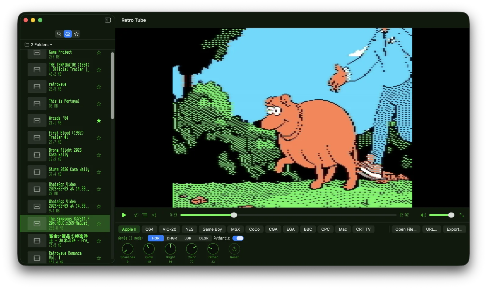 Retro Tube playing a Yogi Bear cartoon through Commodore 64 mode, sidebar themed in C64 green-on-dark