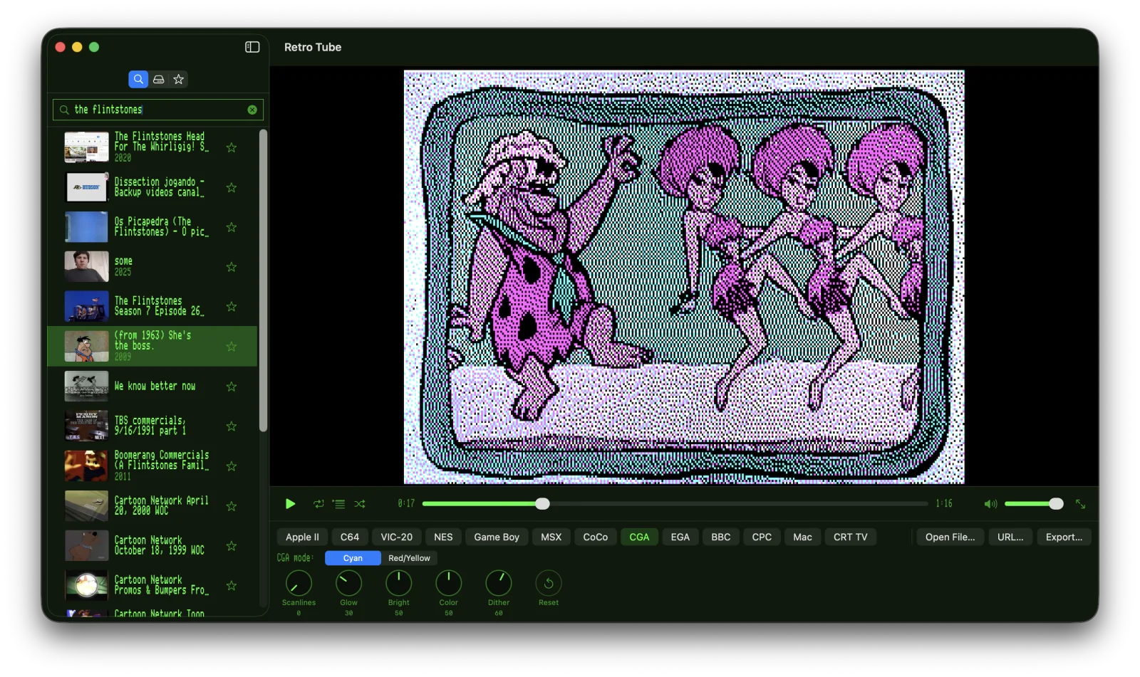 Retro Tube playing a Flintstones clip through PC CGA cyan palette &mdash; black, cyan, magenta and white only