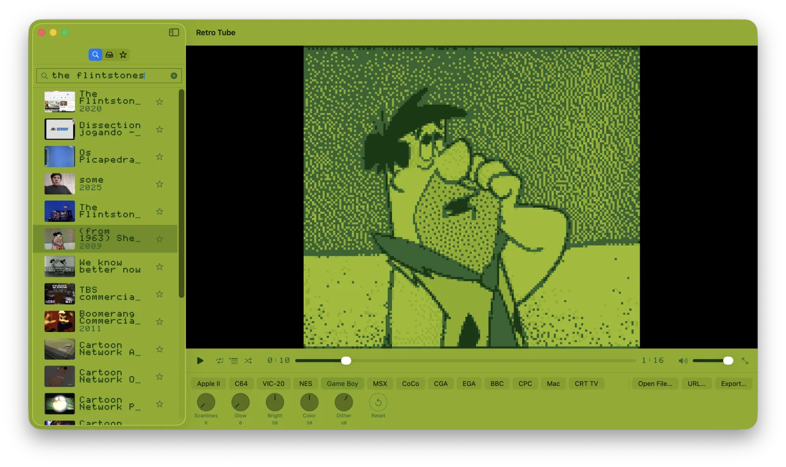 Retro Tube playing a Flintstones clip through Game Boy DMG mode &mdash; four shades of olive green, with the Game Boy DMG UI skin