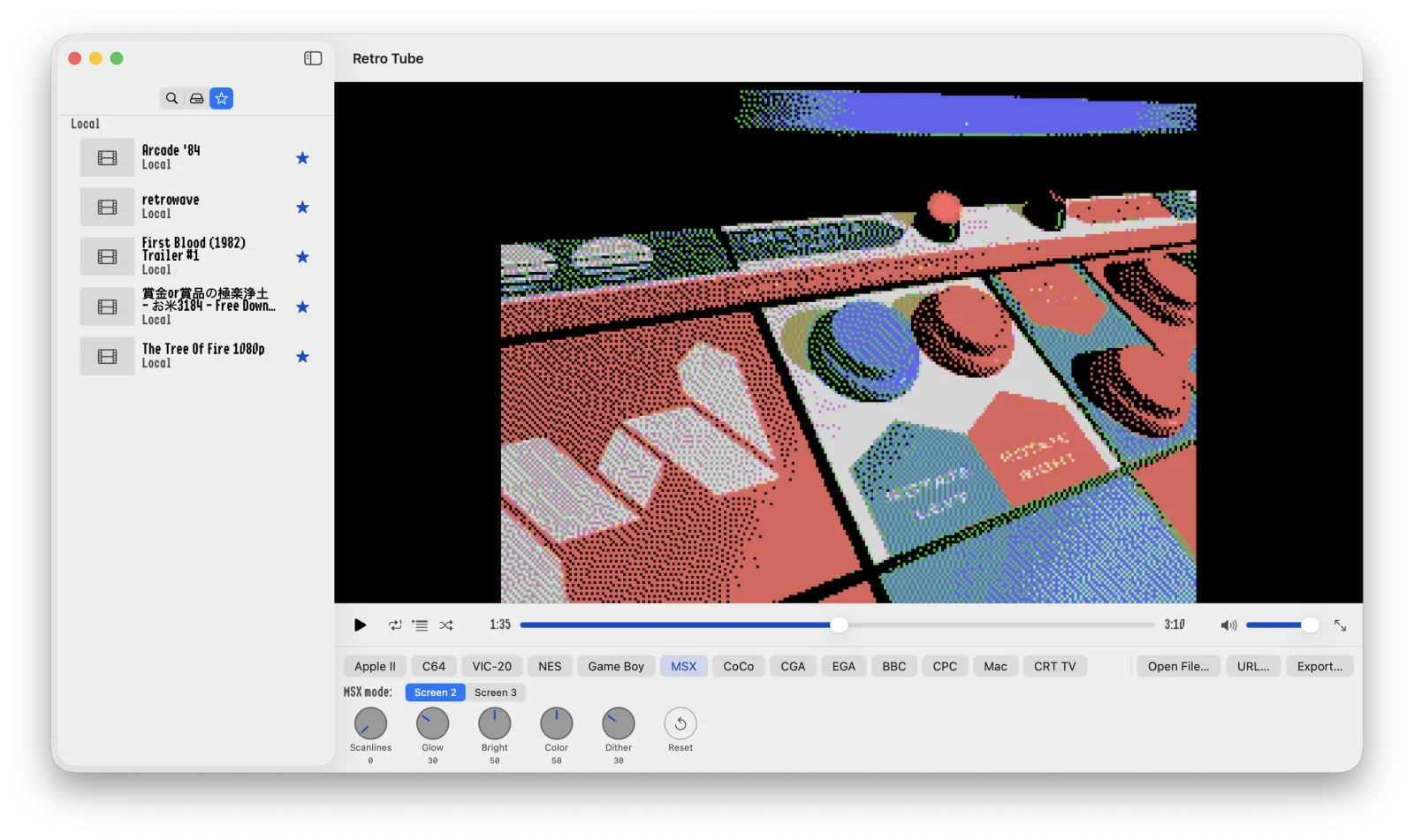 Retro Tube playing an arcade scene through MSX Screen 2, four-tone dithered to the TMS9918 palette