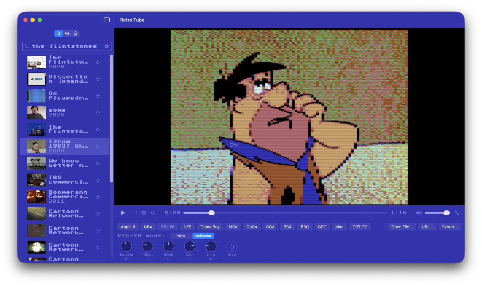 Retro Tube playing a Flintstones clip through VIC-20 multicolour mode, sidebar themed in C64-style blue