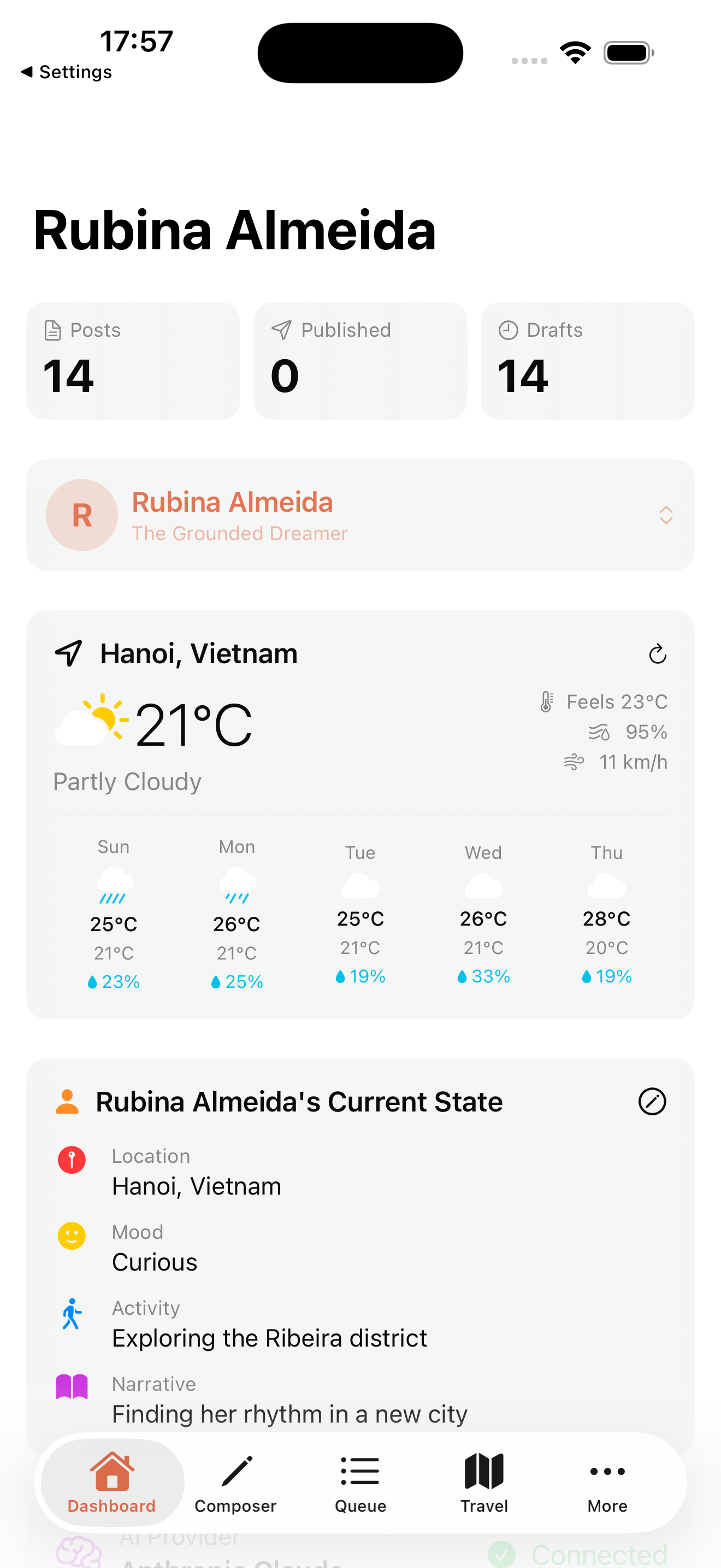 Dashboard showing Rubina's current state and weather