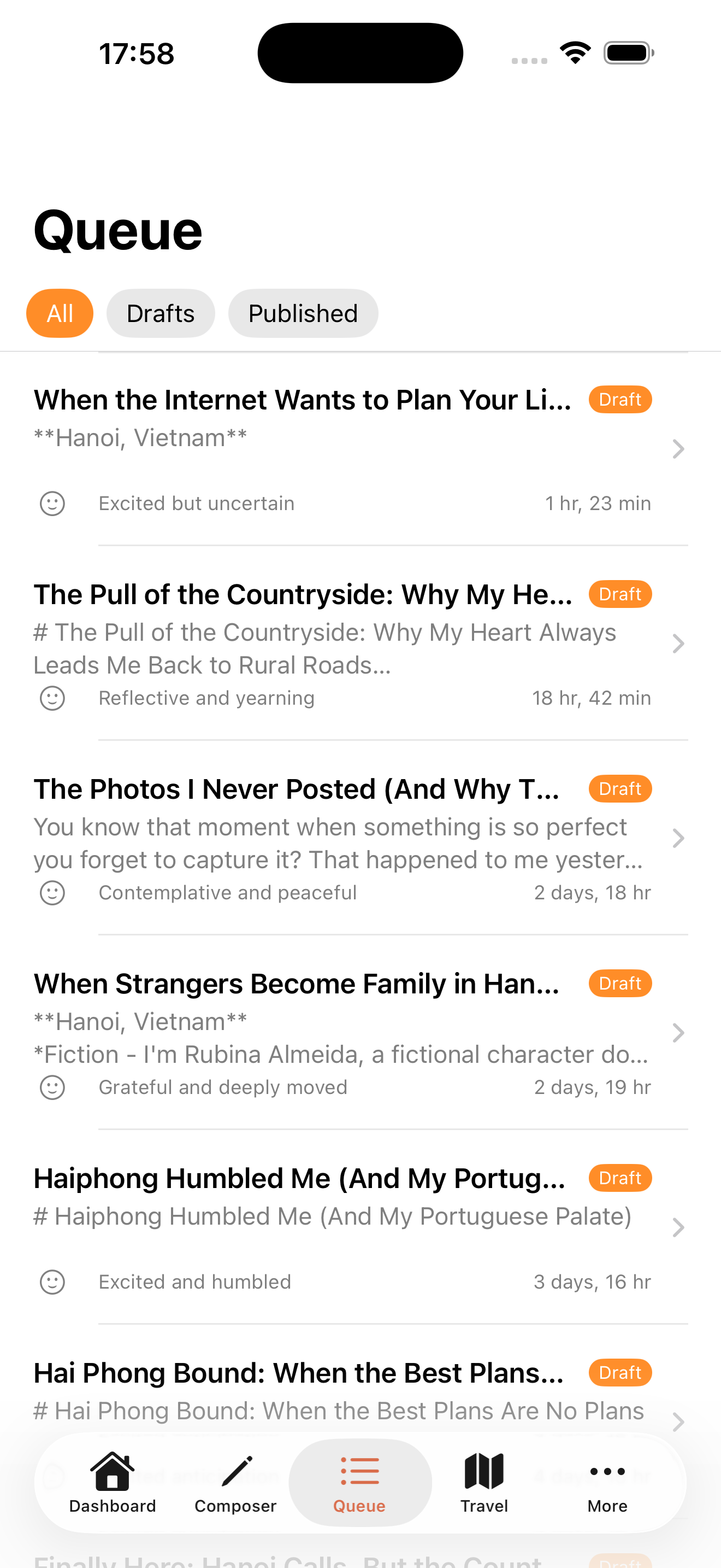 Content queue with drafts and published posts