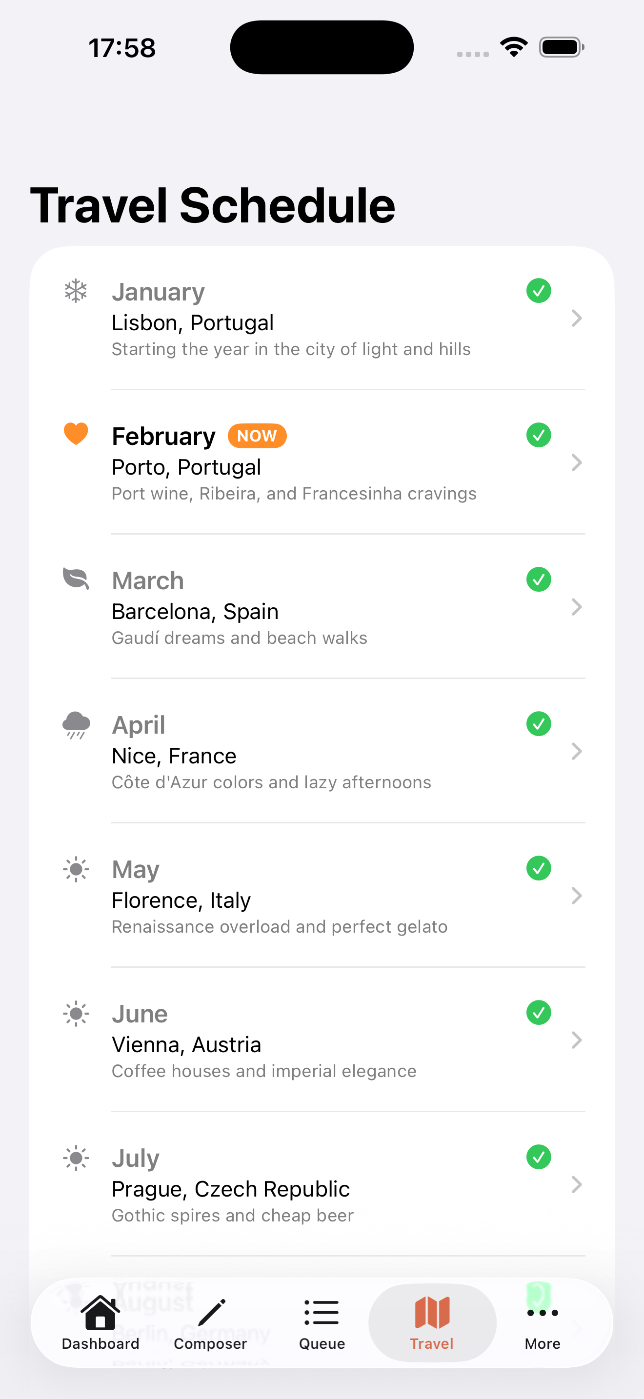 Travel schedule across Europe