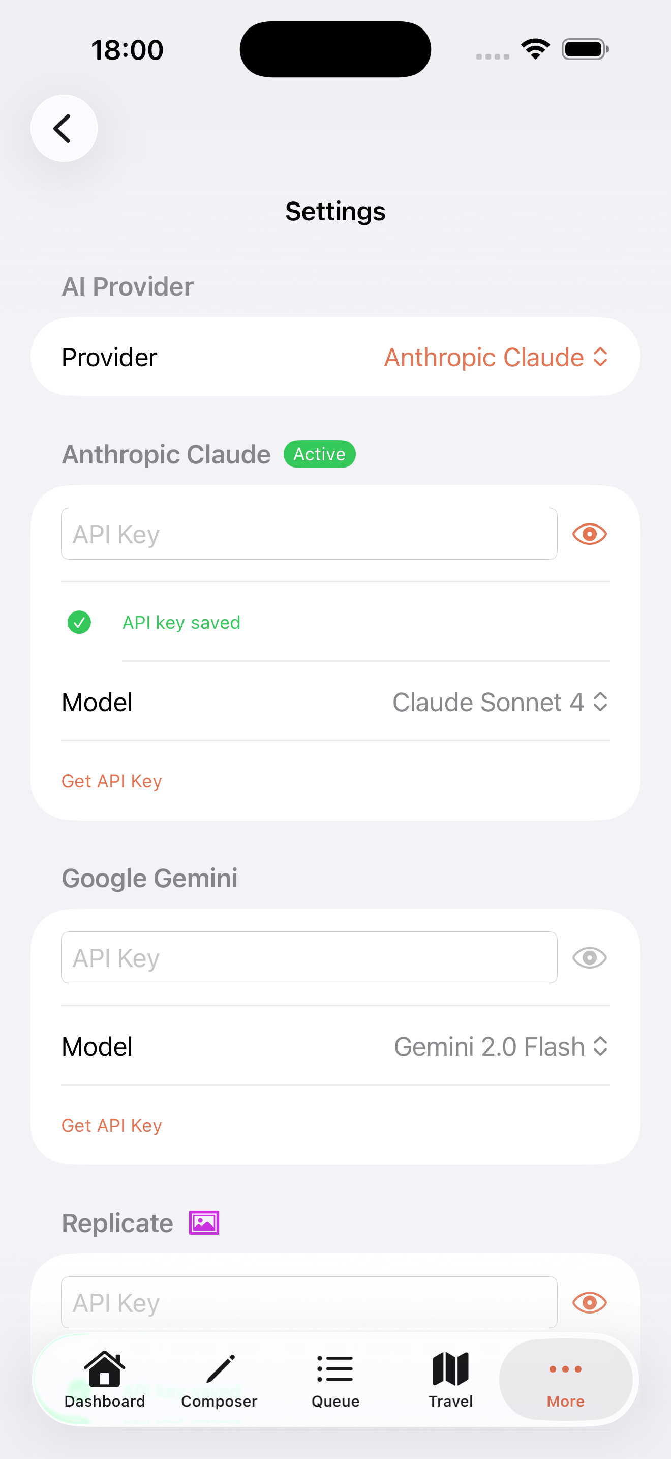 AI provider settings with Claude and Gemini