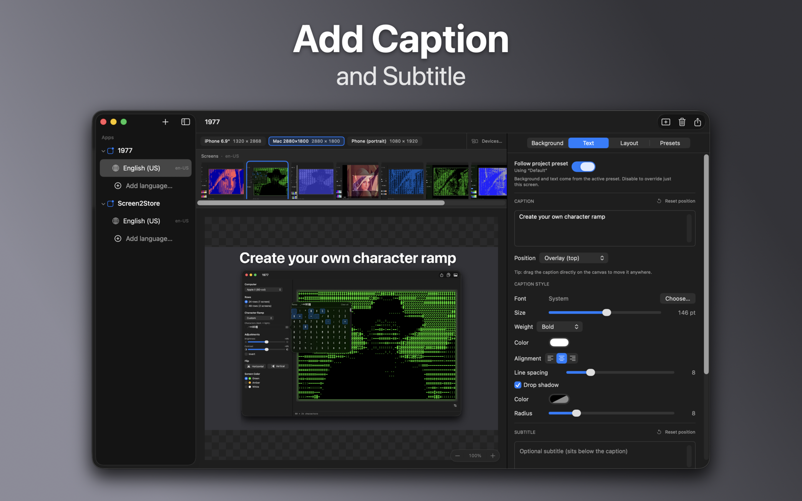 Screen2Store's Text inspector showing the caption and subtitle editors with separate font, weight, color, alignment, line spacing and drop-shadow controls — overlaying a stylised app screenshot on a charcoal canvas.