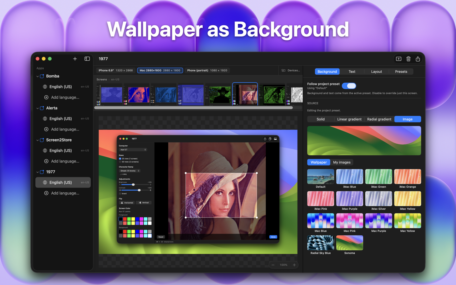 Background inspector with the Wallpaper sub-tab open — a grid of macOS system wallpapers (Mac Blue, Mac Pink, iMac Green, etc.) and a preview of the chosen wallpaper used behind a sample app screenshot.