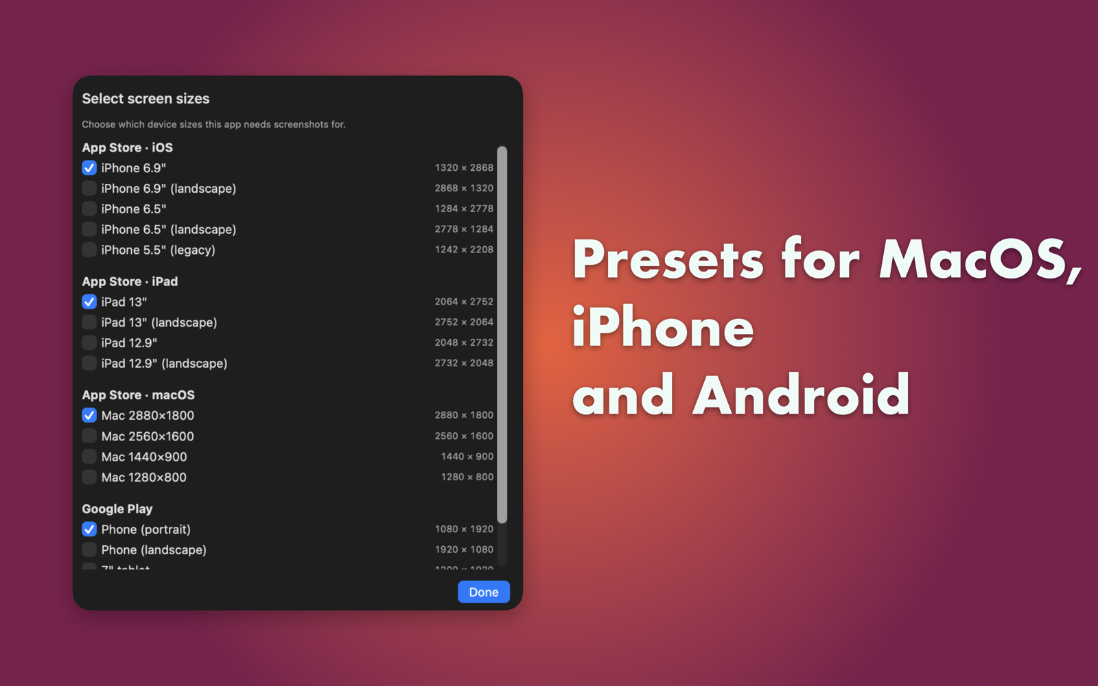 The Devices… sheet listing every store-required screenshot size: iPhone 6.9 / 6.5 / 5.5, iPad 13 / 12.9, Mac 2880×1800 / 2560×1600 / 1440×900 / 1280×800, Google Play phone, tablet, feature graphic.